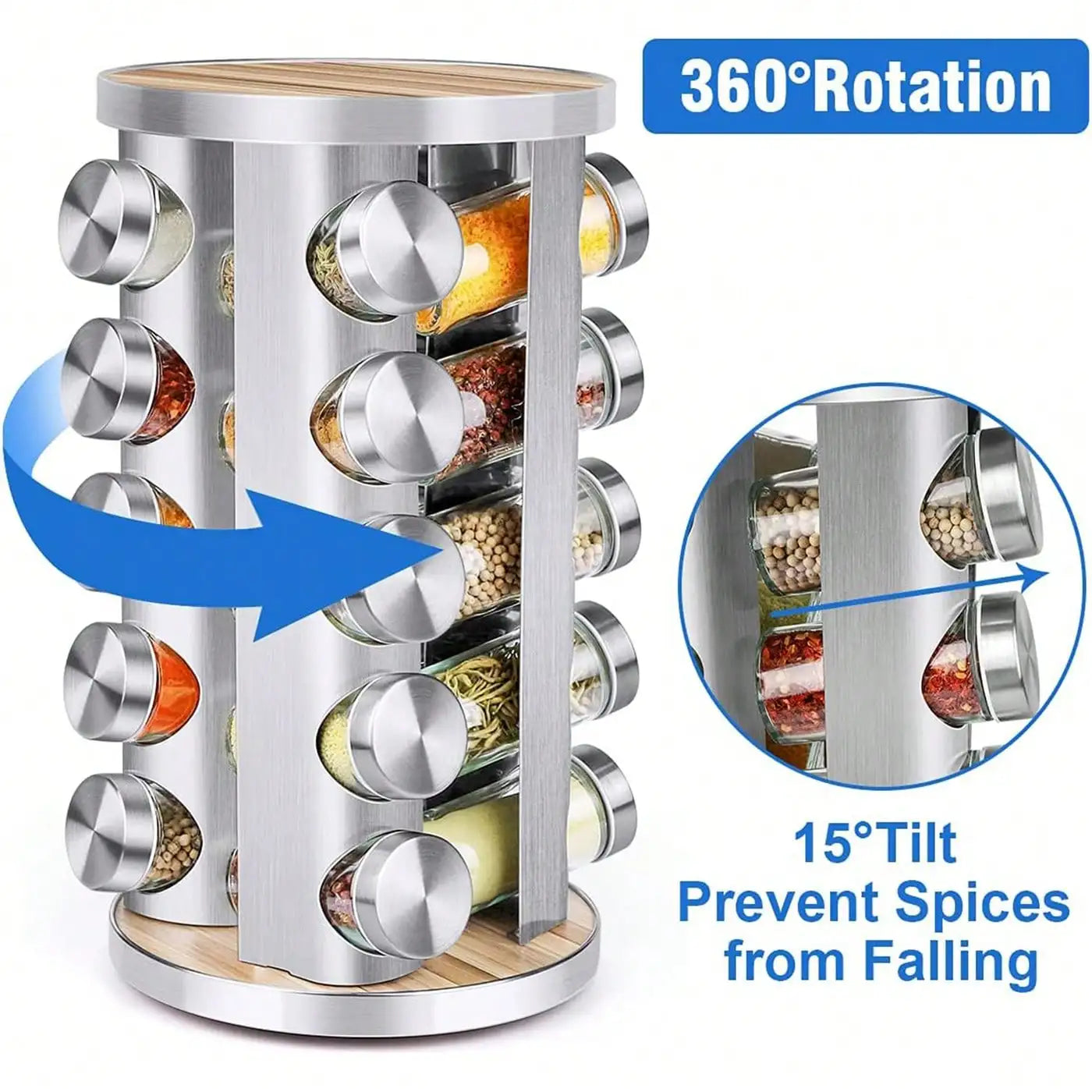 Spice Rack Organizer Revolving Jars Stainless Steel Wood
