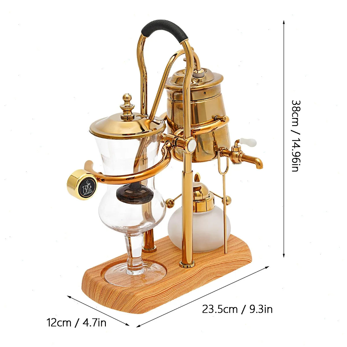 Siphon Coffee Maker, Borosilicate Glass Coffee Pot, Gold Siphon Brewer, Heat Resistant, Stainless Steel Filter, Alcohol Burner Safety Lid, Coffee Brewing Set with Tap, Measuring Cup, Spoon