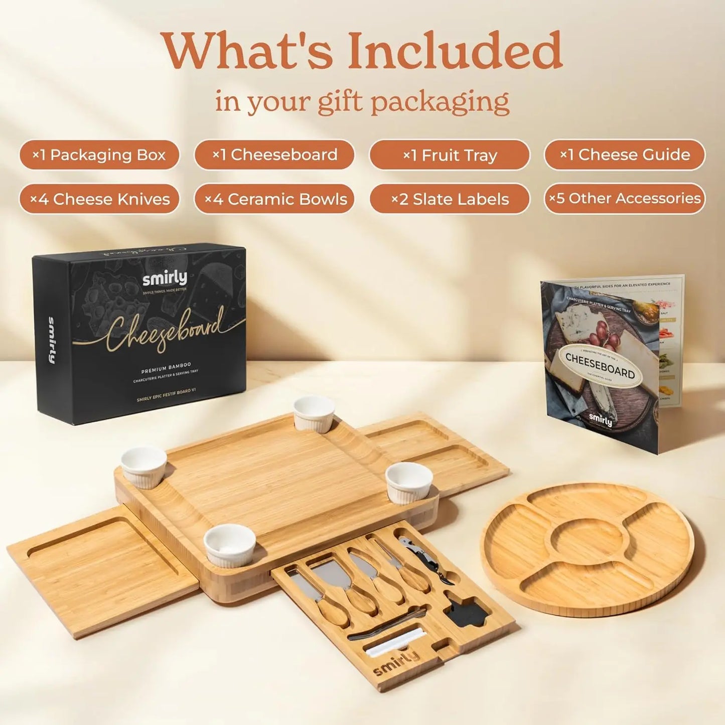Bamboo Cheese Board Set With Knives And Bowls For Entertaining