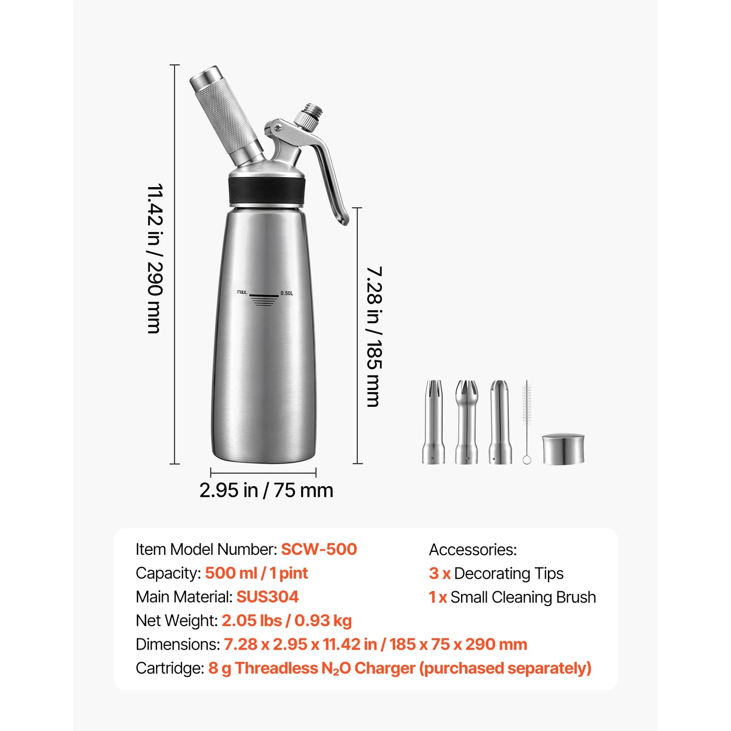 SucceBuy Professional 304 Stainless Steel Whipped Cream Dispenser 500/1000ml Leak-Free Cream Canister with 3 Decorating Nozzles