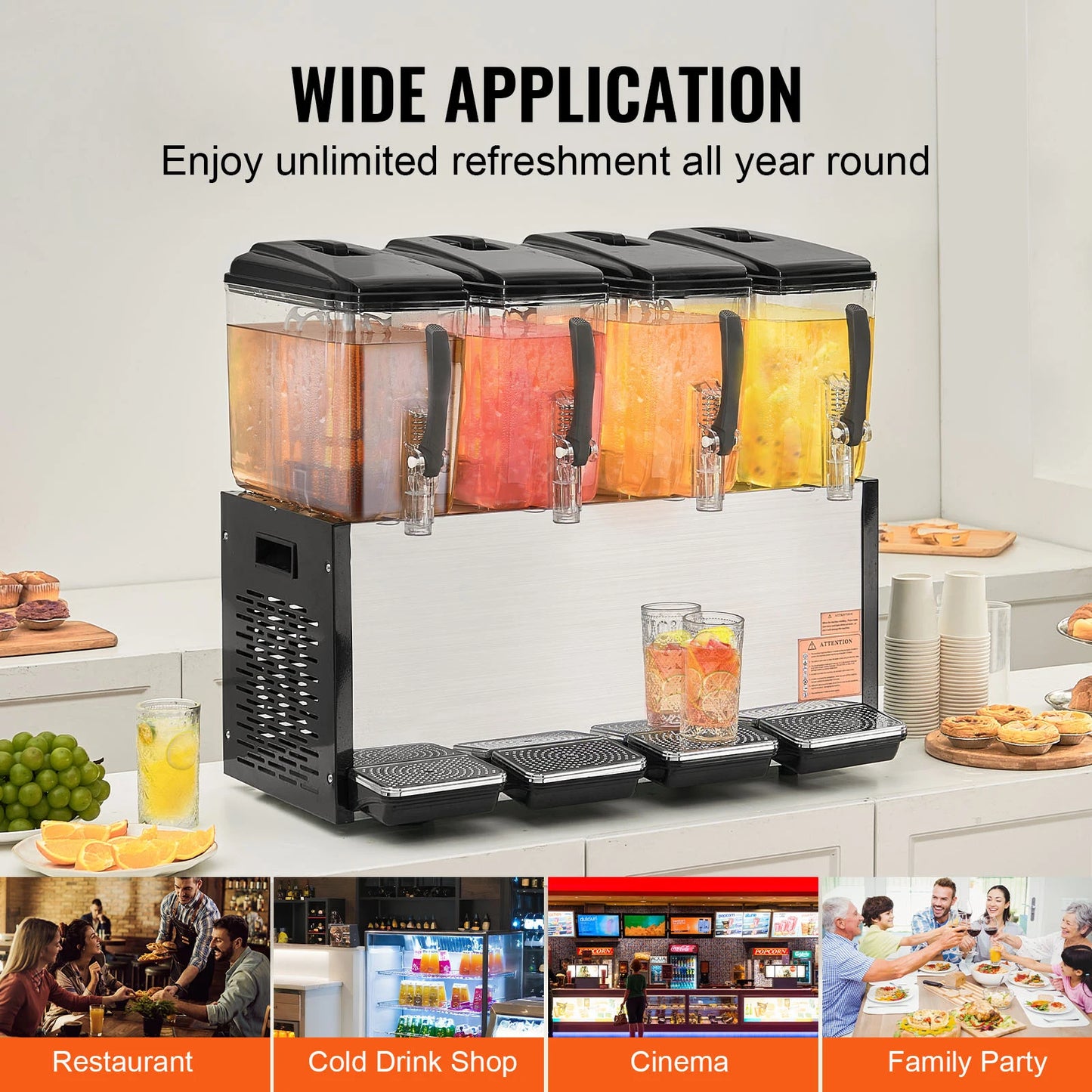 SucceBuy 4 Tanks Commercial Beverage Dispenser 10L/12L Per Tank Juice Dispenser Stainless Steel Ice Tea Drink Machine