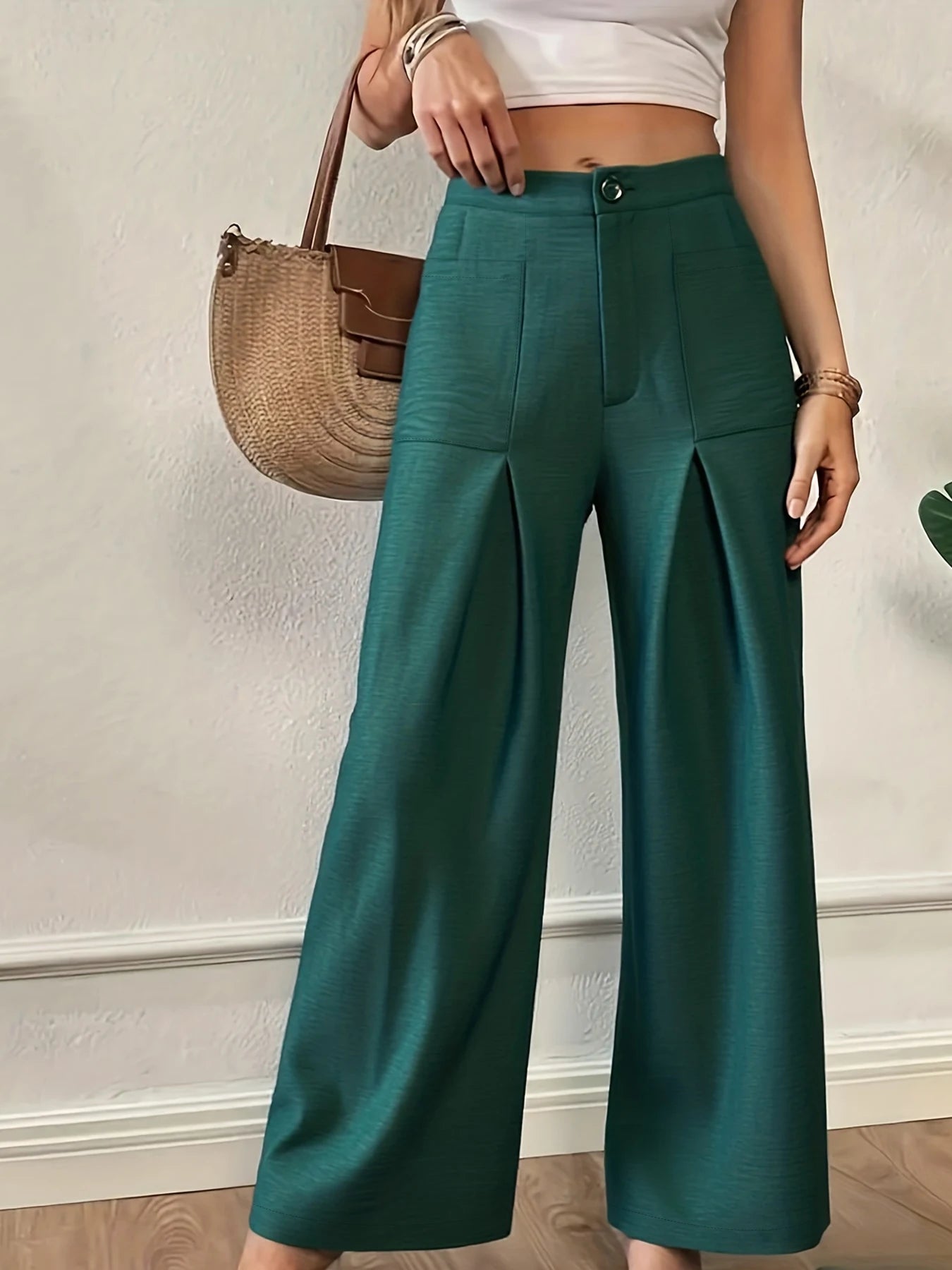 Women High Waist Pleated Wide Leg Polyester Trousers With Pockets
