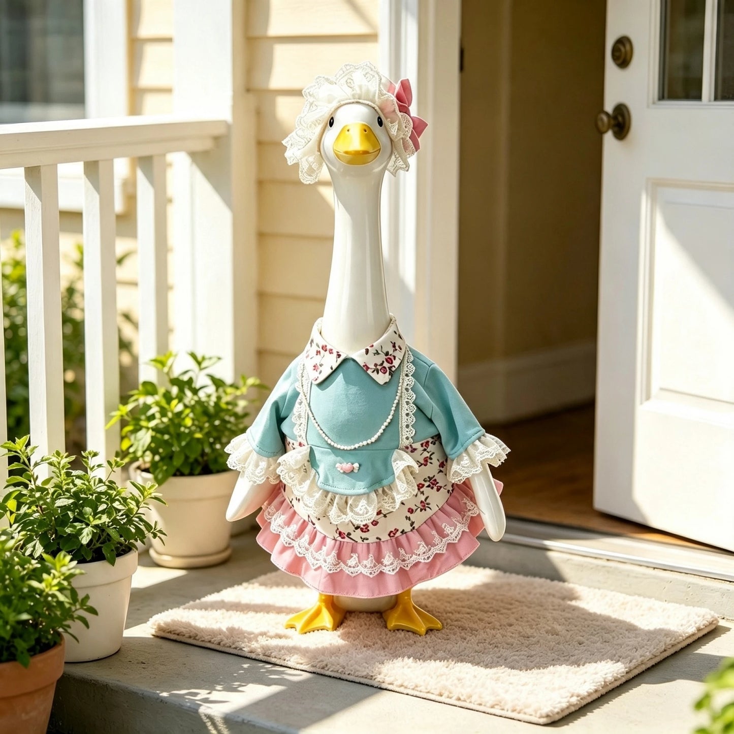 Resin Bronze Goose Statue Floral Lace Dress Hat for Garden Decor