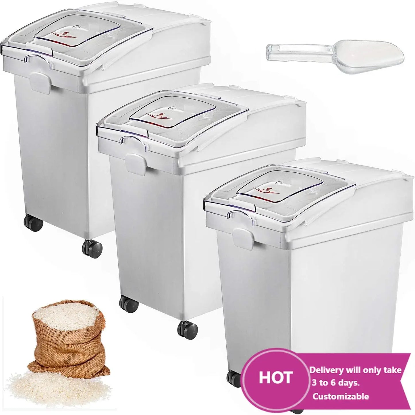 Ingredient Storage Bin With Wheels Sliding Lid Scoop 3-Piece Set