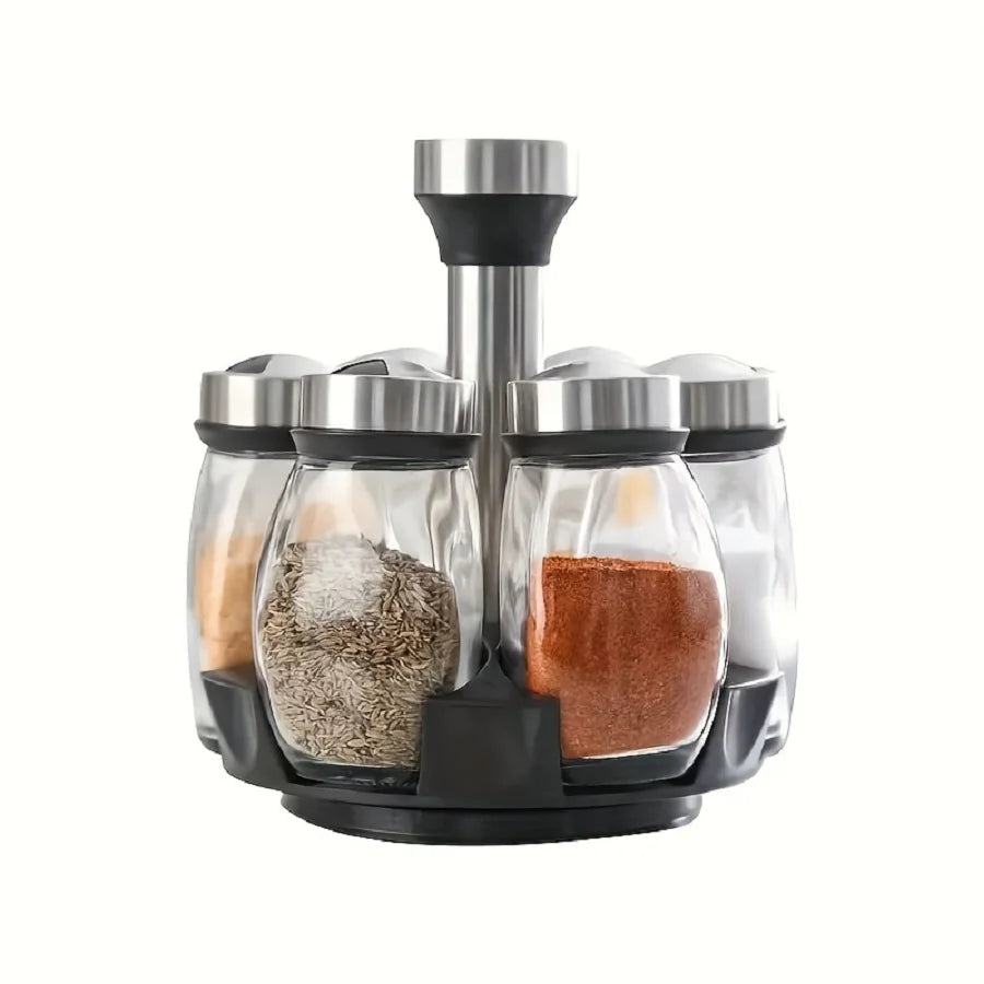 360 Degree Rotation Spice Rack With 6 Glass Spice Jars