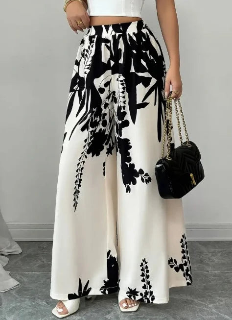 Women Floral Print Palazzo Pants Elastic High Waist Casual