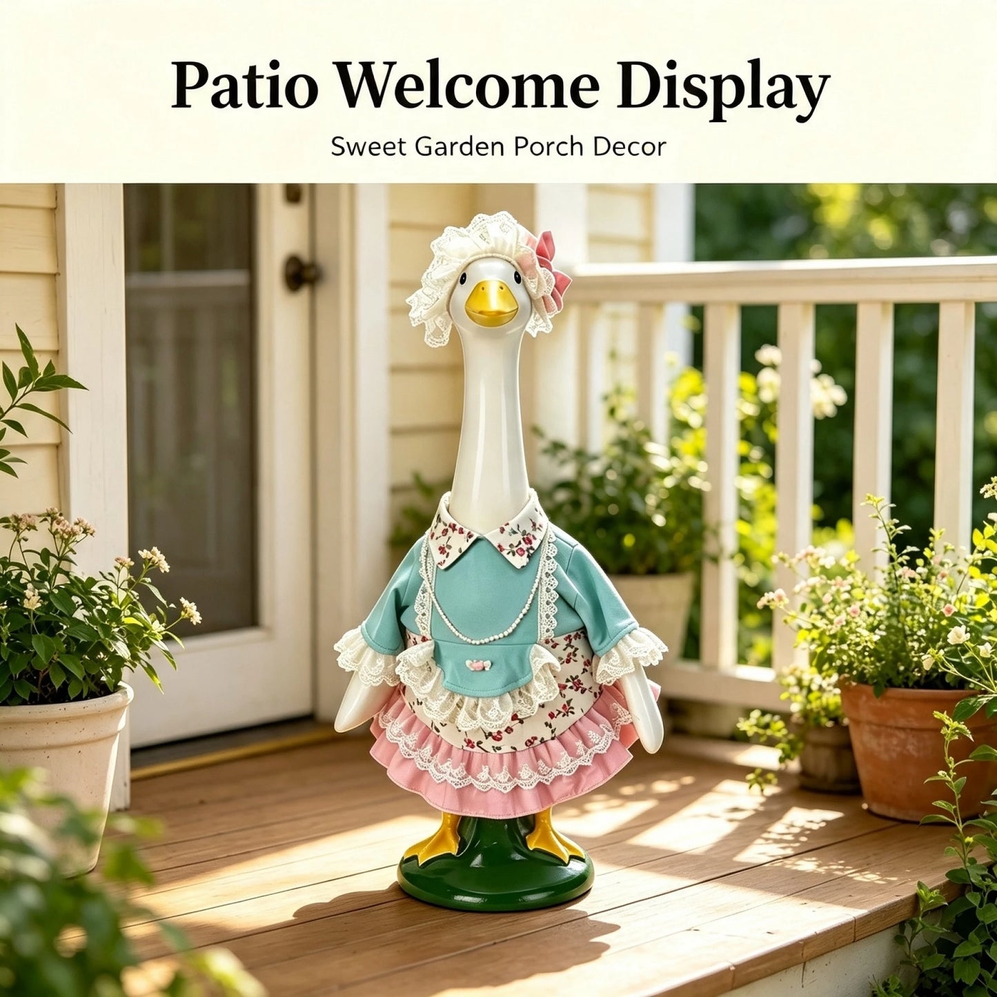 Resin Bronze Goose Statue Floral Lace Dress Hat for Garden Decor
