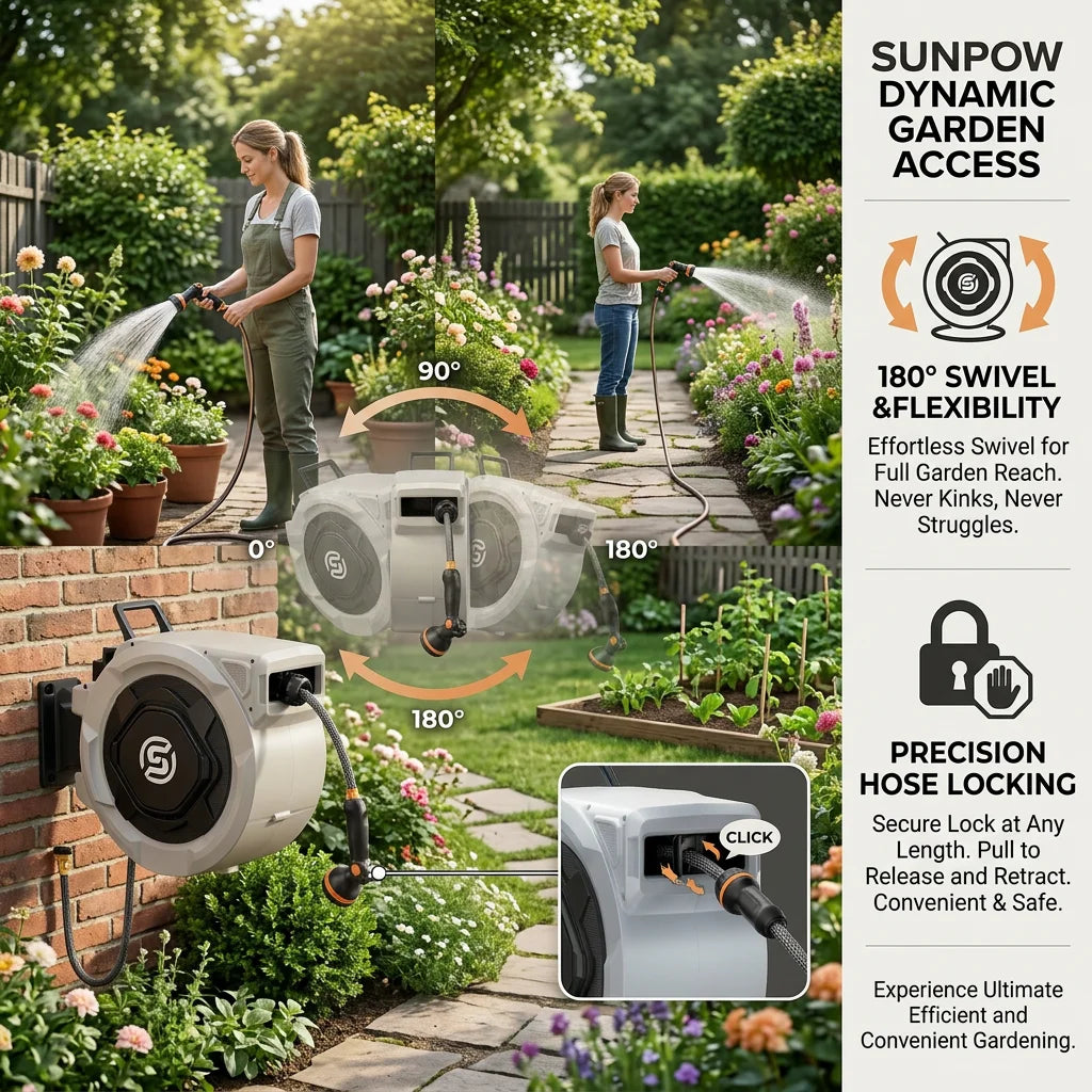 Sunpow Retractable Garden Hose Reel Wall Mount Auto Rewind