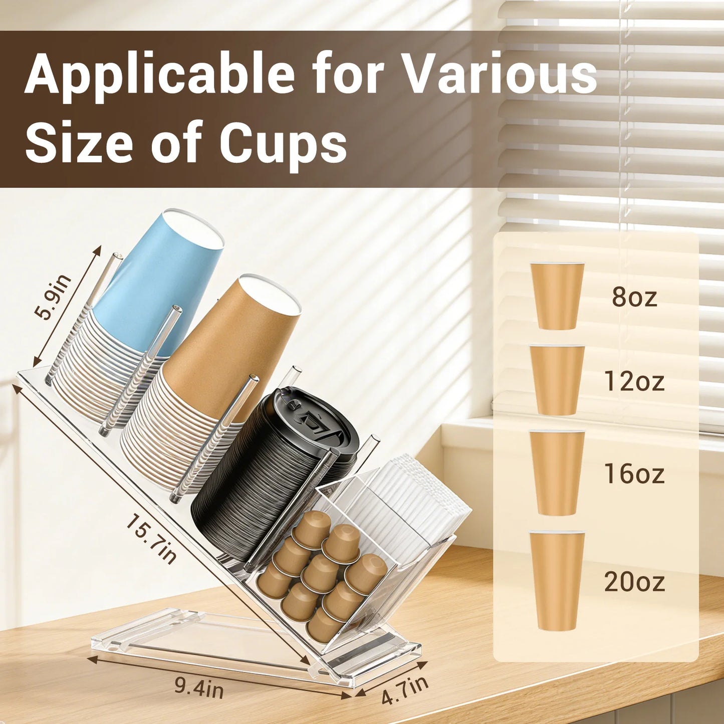 Acrylic Coffee Cup Holder Adjustable Disposable Cup Organizer for Coffee Bar Office Counter with Straw Pod Storage coffee pod and straw storage organizer