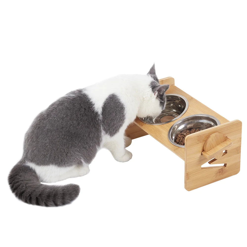 Adjustable Bamboo Raised Dog Bowl Stand with Stainless Steel Bowls