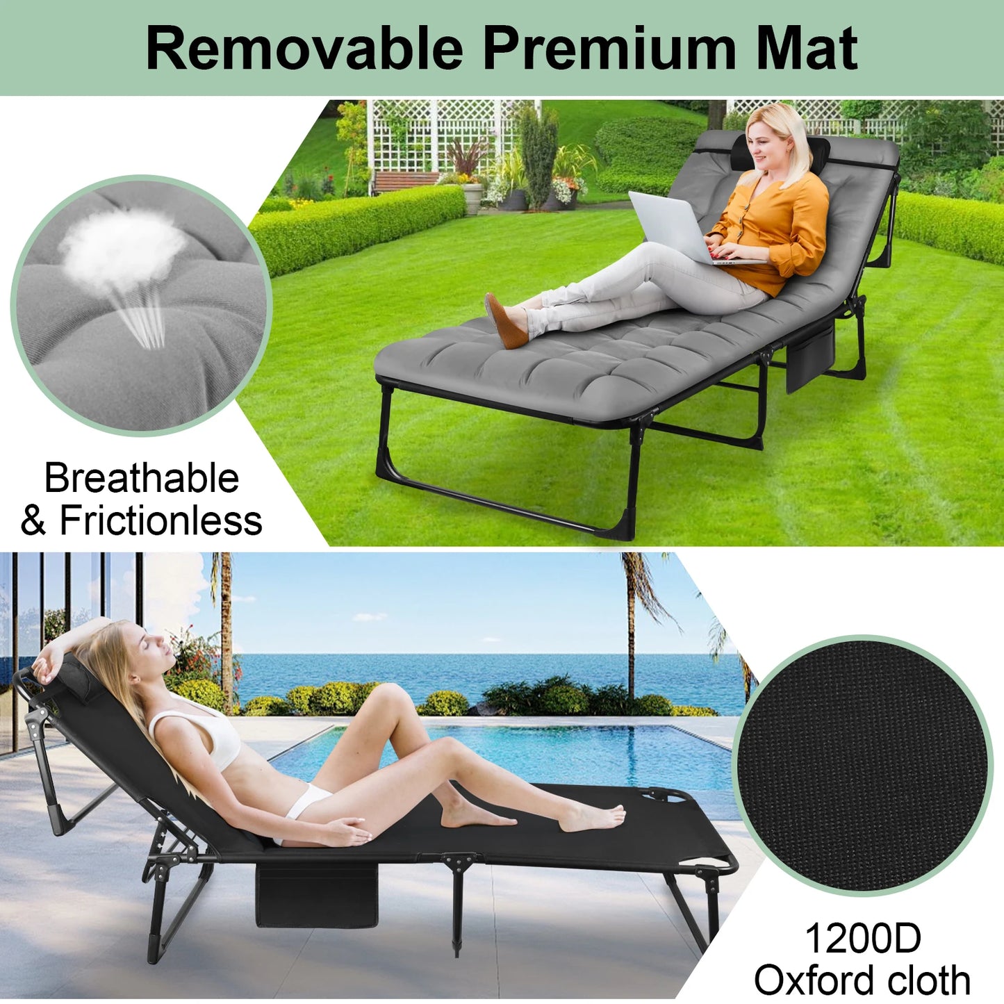 Portable Folding Camping Cot With 3 Position Reclining Lounge Chair