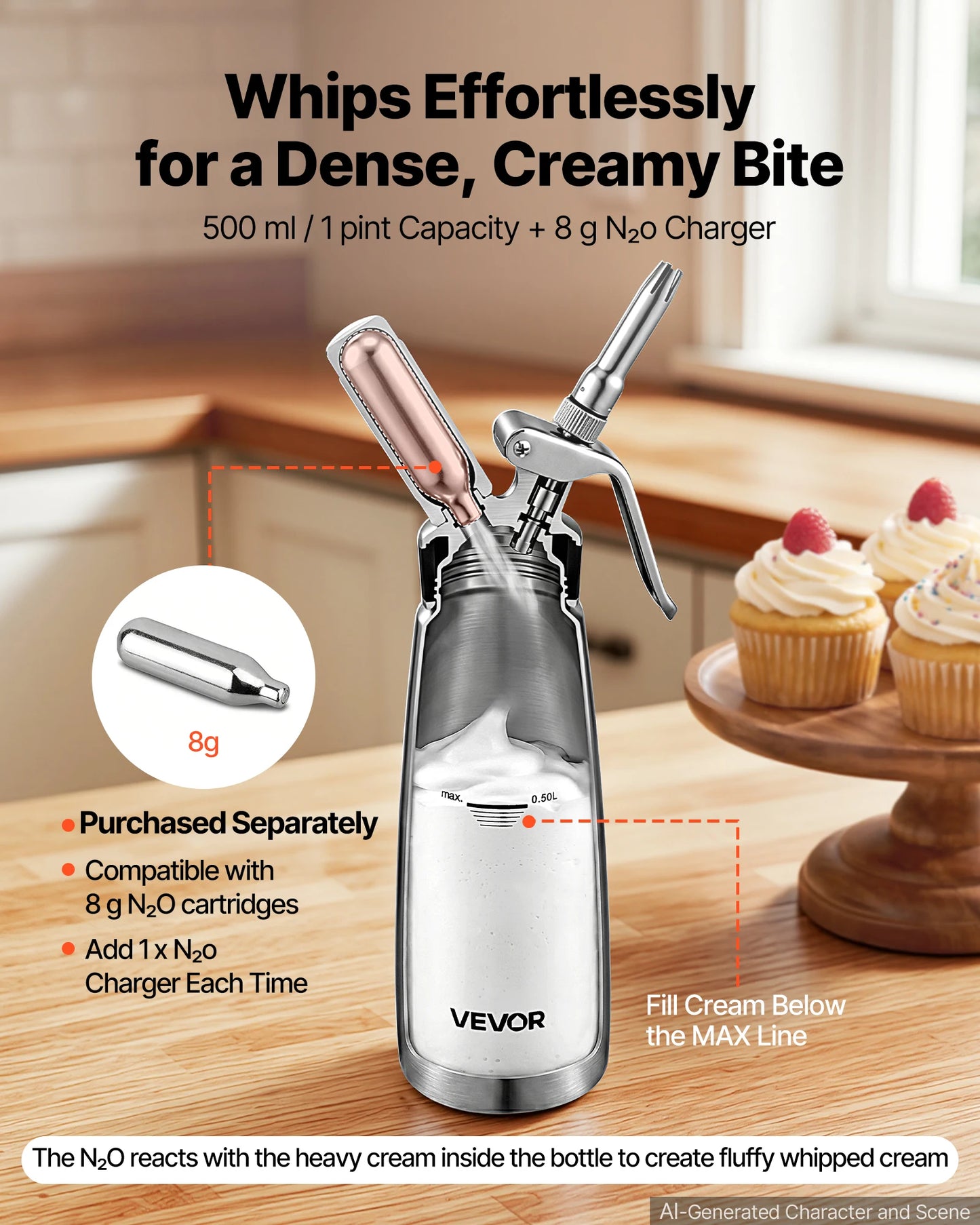 SucceBuy Professional 304 Stainless Steel Whipped Cream Dispenser 500/1000ml Leak-Free Cream Canister with 3 Decorating Nozzles