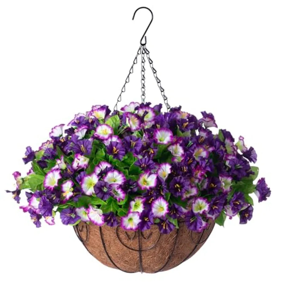 Artificial Hanging Flowers Faux Silk Petunias Morning Glory Coconut Planter