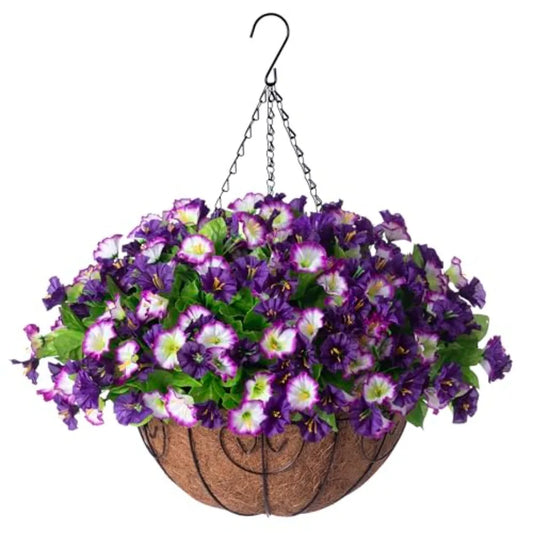 Artificial Hanging Flowers Faux Silk Petunias Morning Glory Coconut Planter
