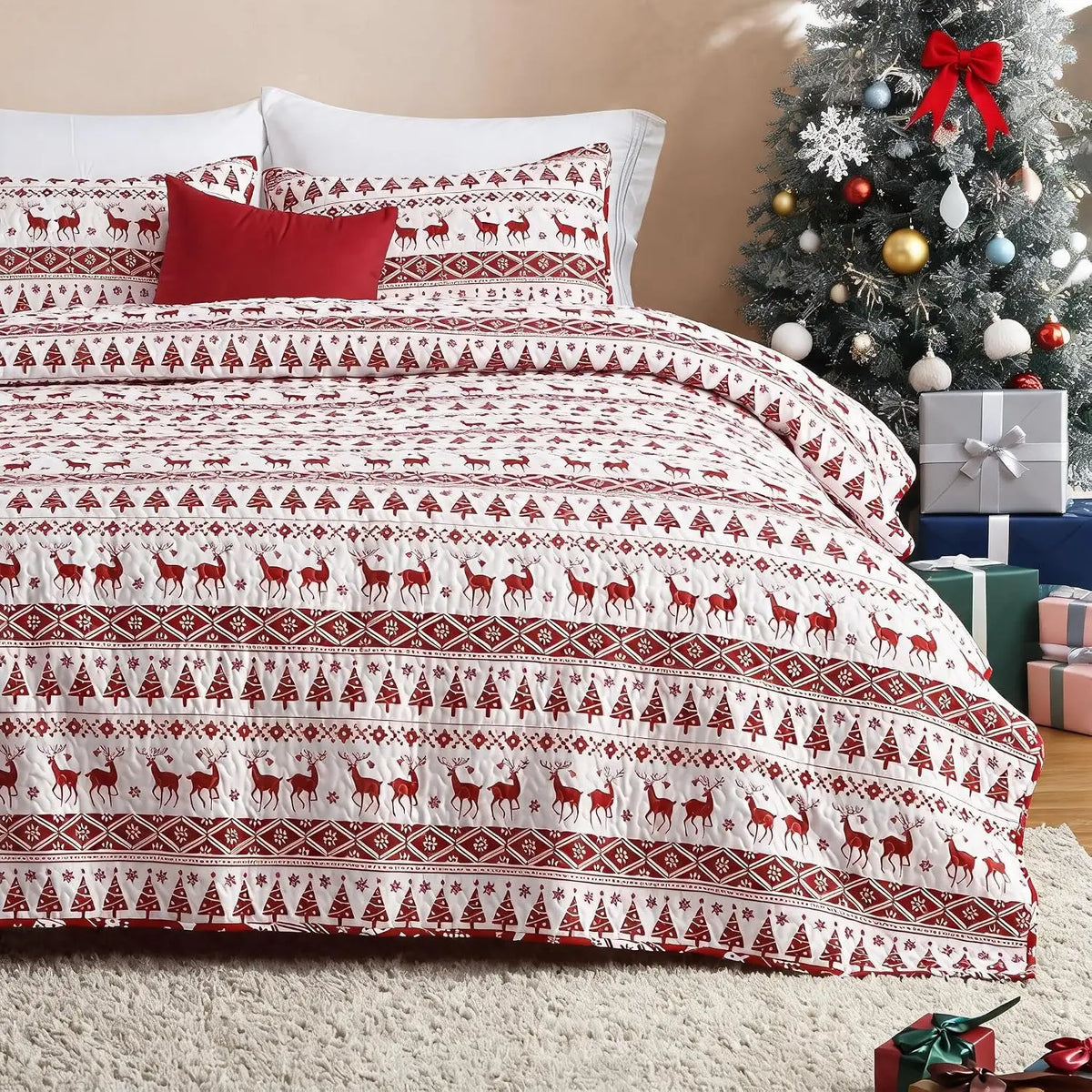 Christmas Snowflake Fleece Quilt Set With Soft Warm Bedding Blankets
