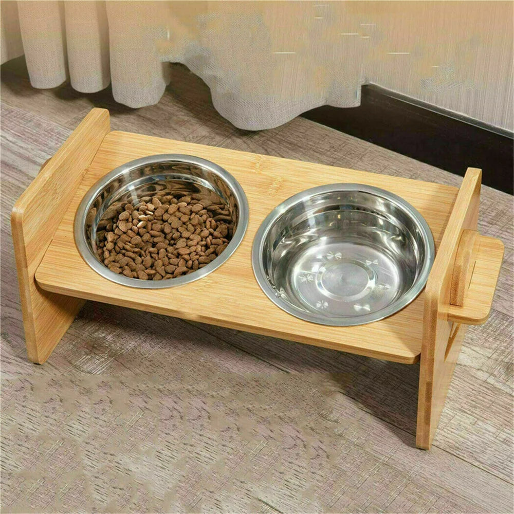 Adjustable Bamboo Raised Dog Bowl Stand with Stainless Steel Bowls