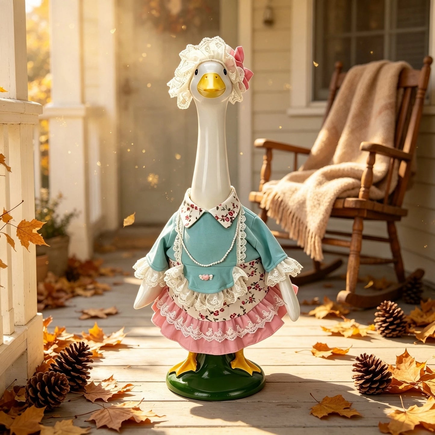 Resin Bronze Goose Statue Floral Lace Dress Hat for Garden Decor