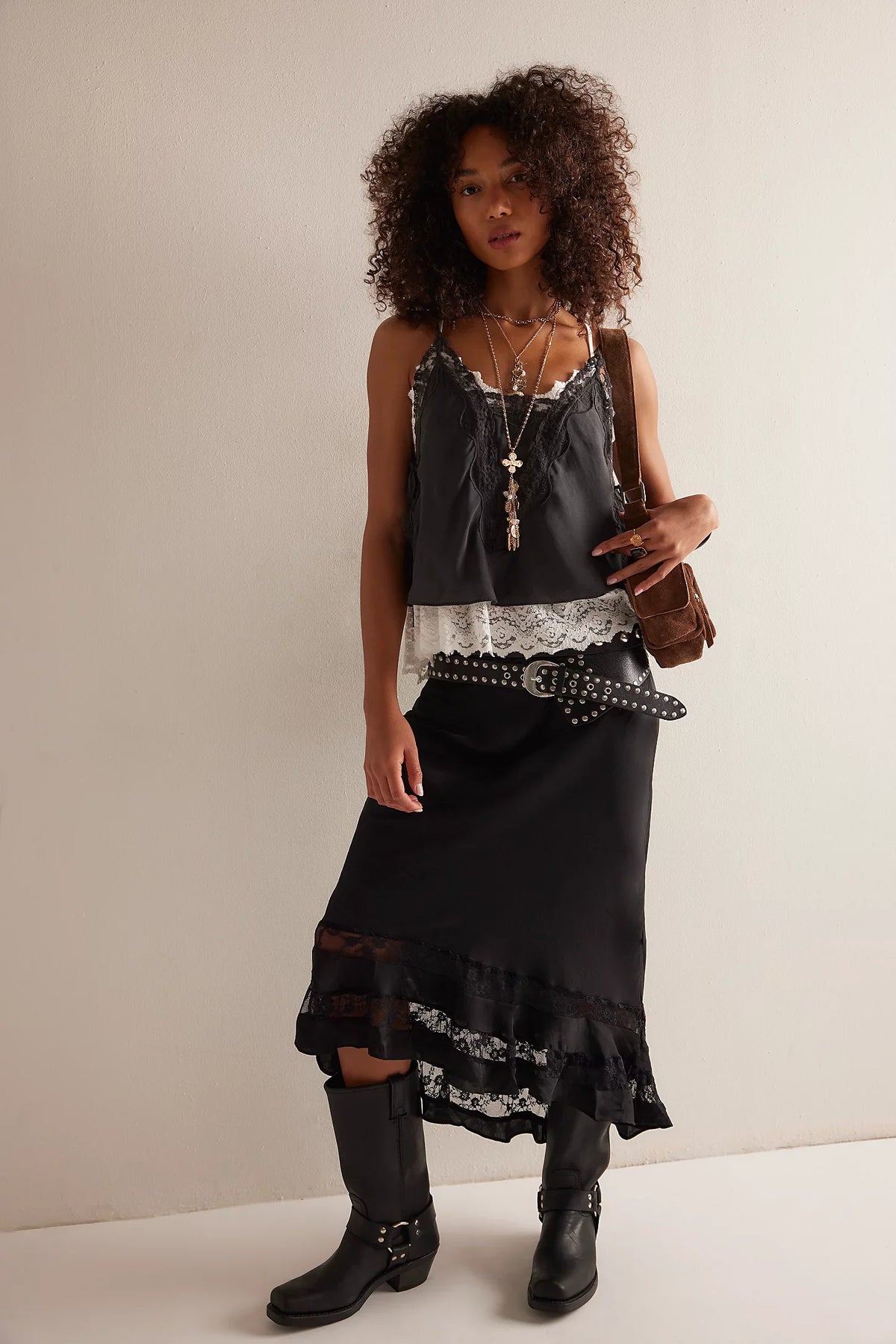 Elegant Satin Lace Ruffle Hem A Line Women's Long Skirt