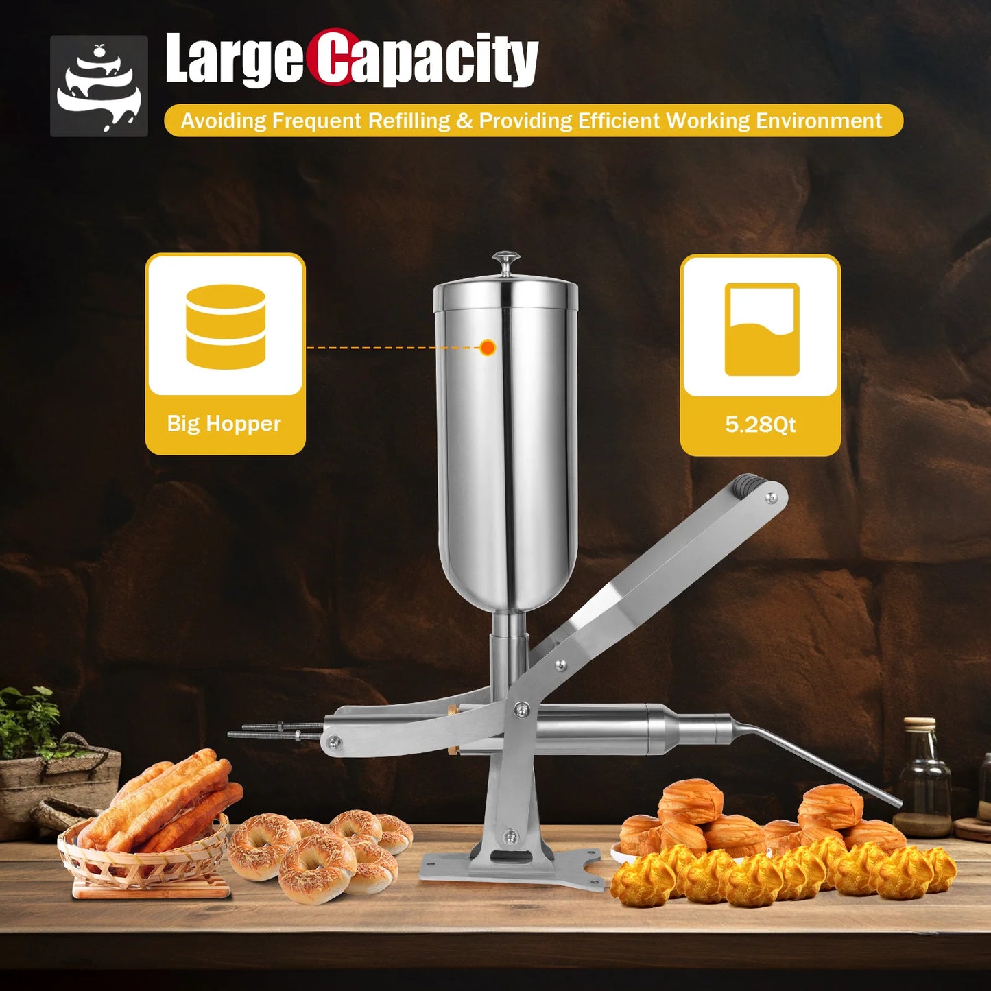 Manual Donut Filler, 5L 304 Stainless Steel Countertop Injector, 4 Interchangeable Nozzles Dustproof Hopper Cover Mountable Y Base Hand-operated Filling Machine For Bakery Cafe Dessert Shop Cream Jam Dispensing