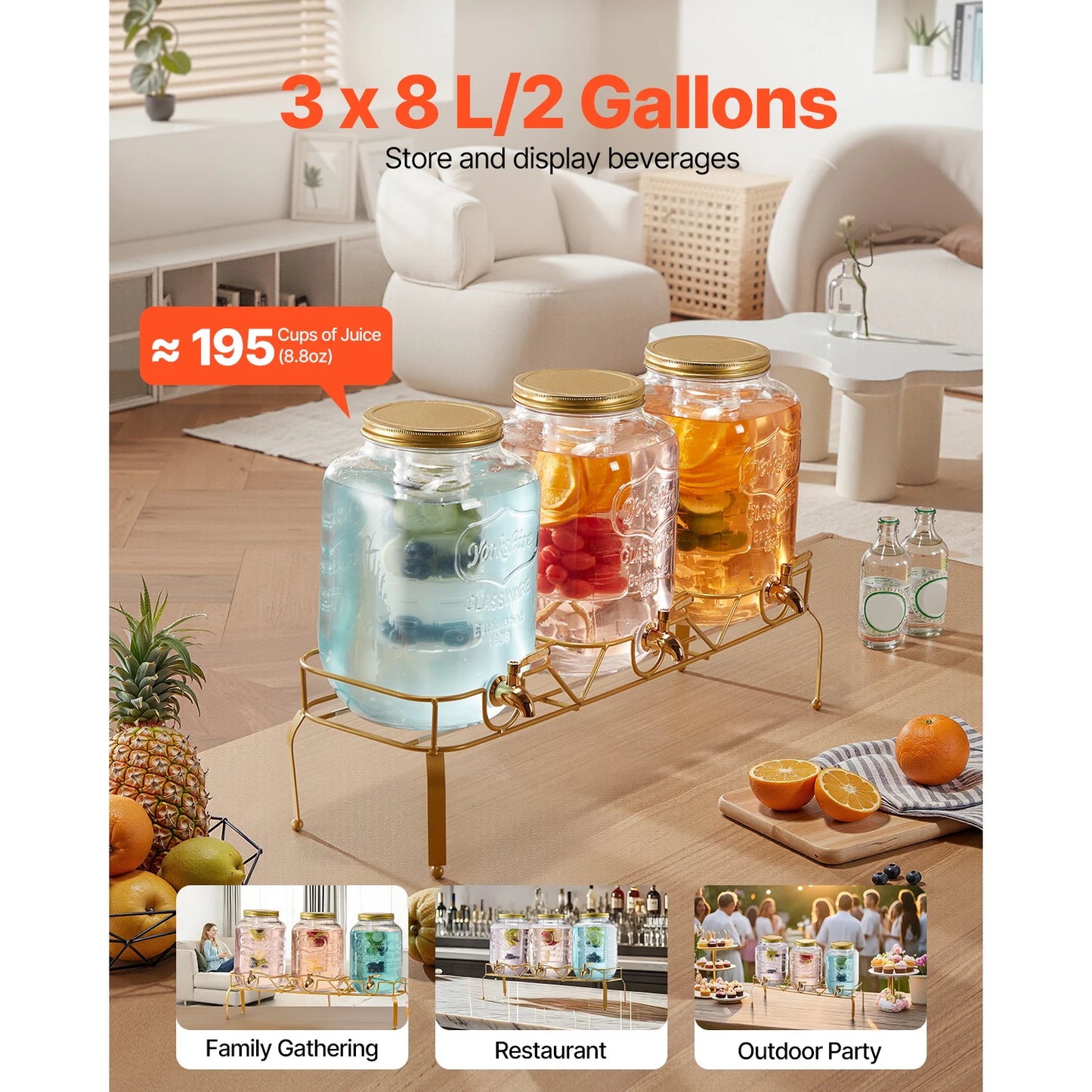 SucceBuy Beverage Dispenser Drink Dispensers for Parties, Glass Juice Dispenser with Metal Stand Lemonade Juice Water Dispensers