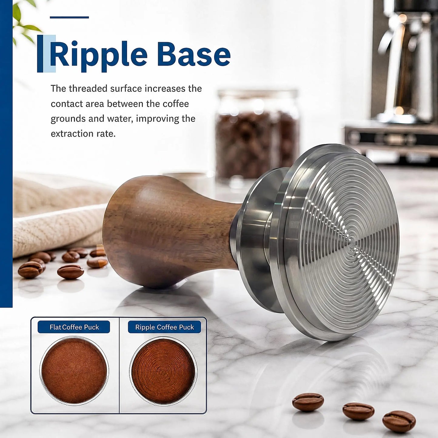 51mm 58mm Espresso Tamper with Wood handle & Ripple Base | Wood Handle, Ripple Base