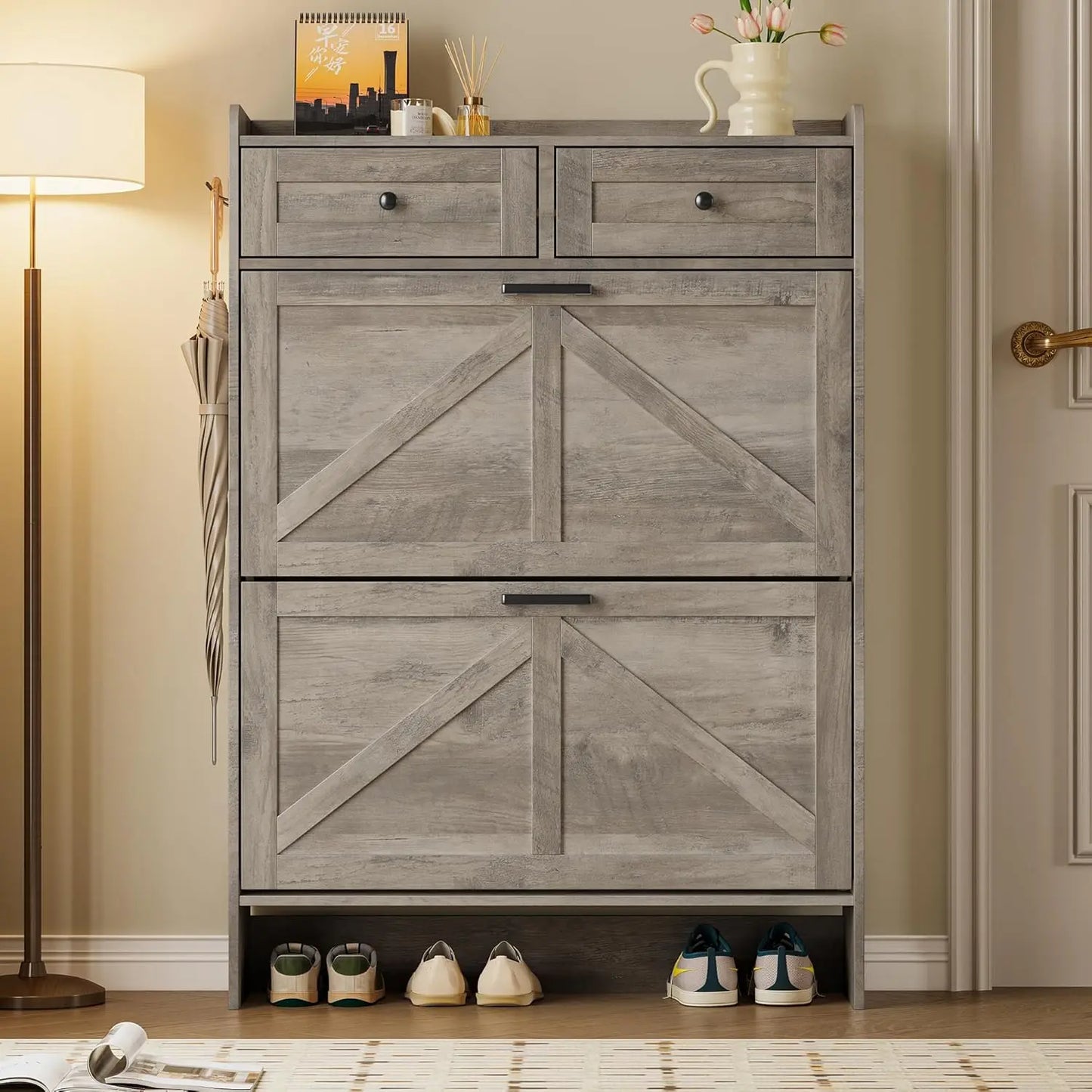 Shoe Storage Cabinet For Entryway Narrow With Drawers And Hooks