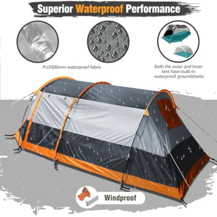 Tunnel Camping Tent For Four With Two Doors Weatherproof Shelter
