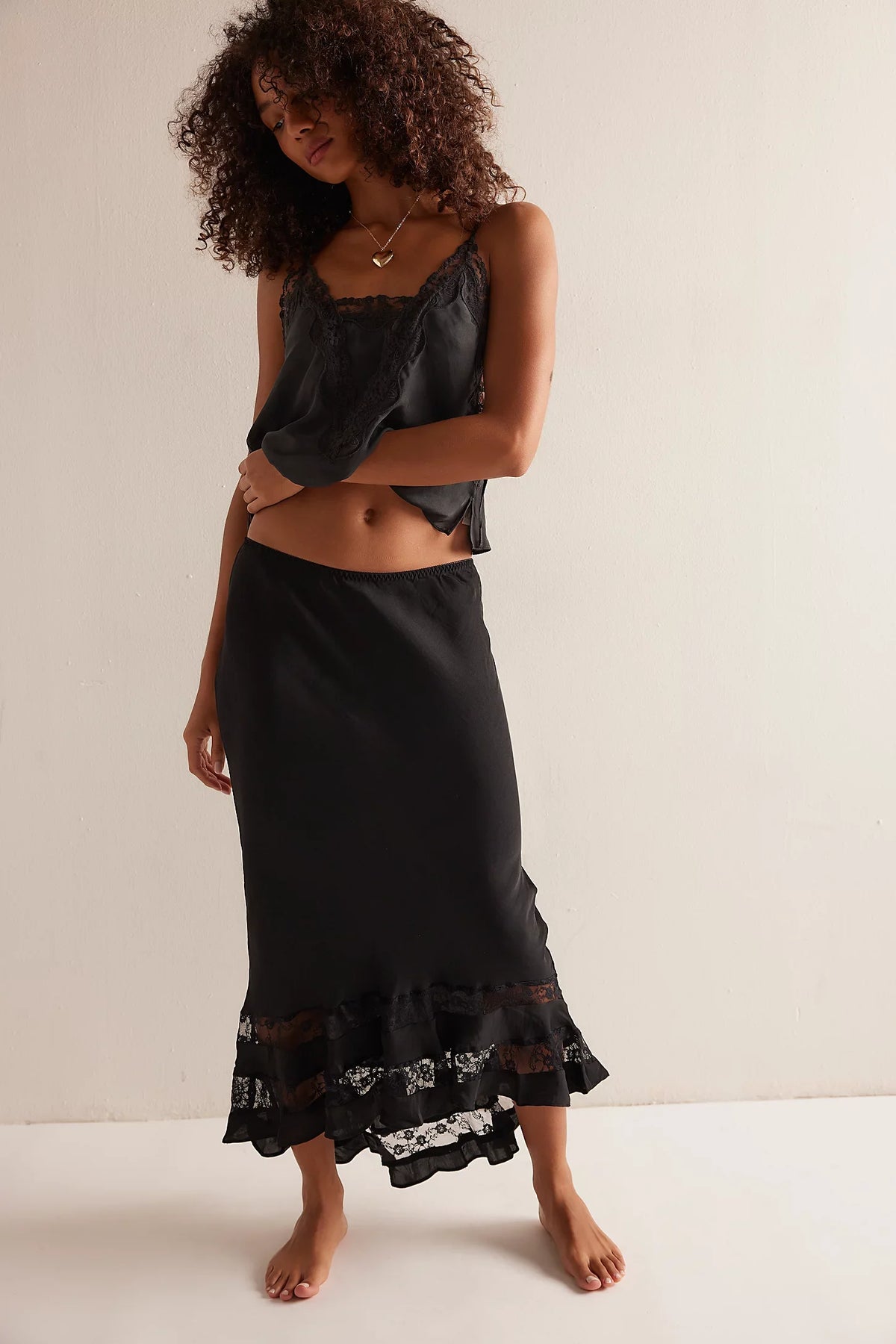 Elegant Satin Lace Ruffle Hem A Line Women's Long Skirt