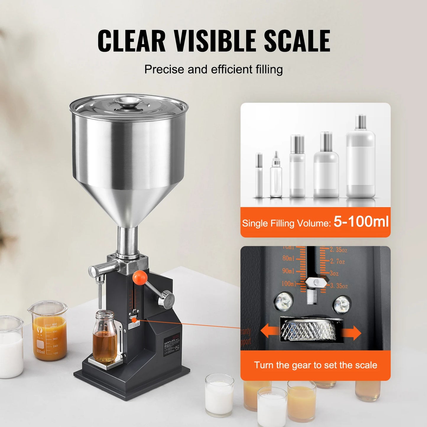 SucceBuy 5-100ml /5-50ml Manual Paste Liquid Filling Machine with Hopper Adjustable Bottle Filler for Milk Water Shampoo Honey