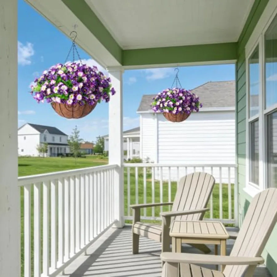 Artificial Hanging Flowers Faux Silk Petunias Morning Glory Coconut Planter