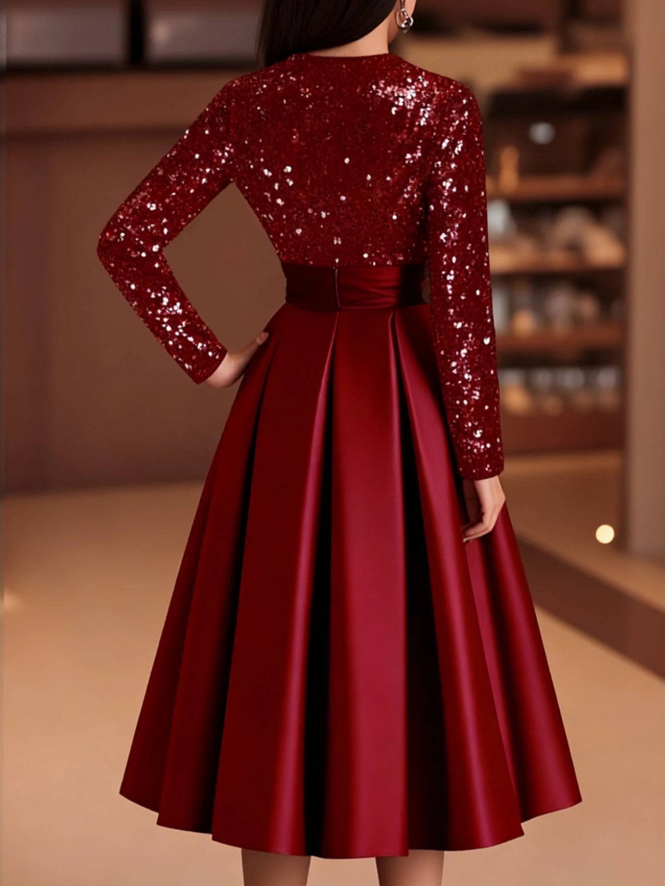 Women Sequin Patch Midi Dress With Long Sleeve Tie Waist