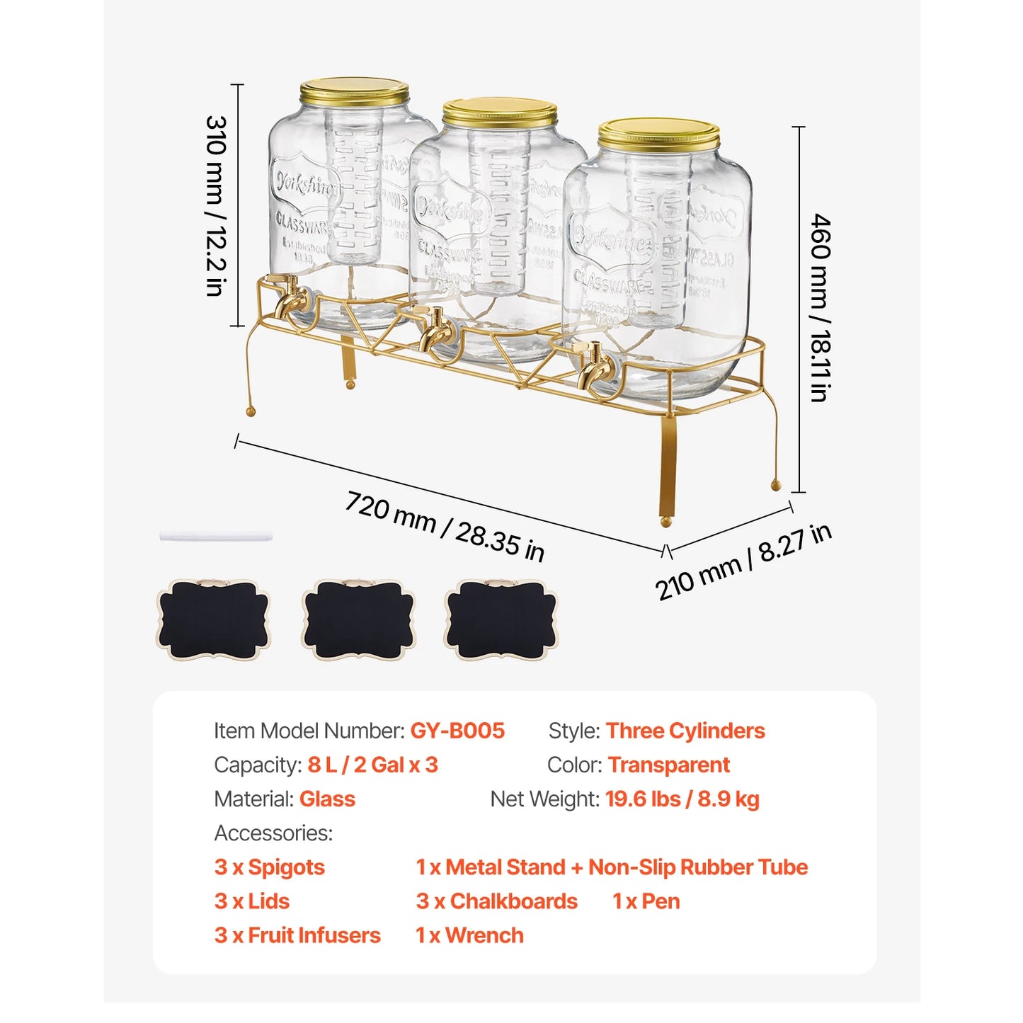 SucceBuy Beverage Dispenser Drink Dispensers for Parties, Glass Juice Dispenser with Metal Stand Lemonade Juice Water Dispensers