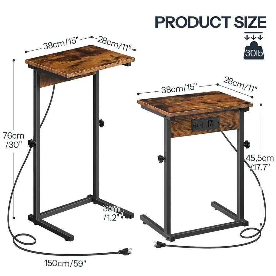 CShaped End Table with Charging Station, Adjustable Height Sofa Tray Arm Table, Slide Under Couch Table, Small C Side Table for