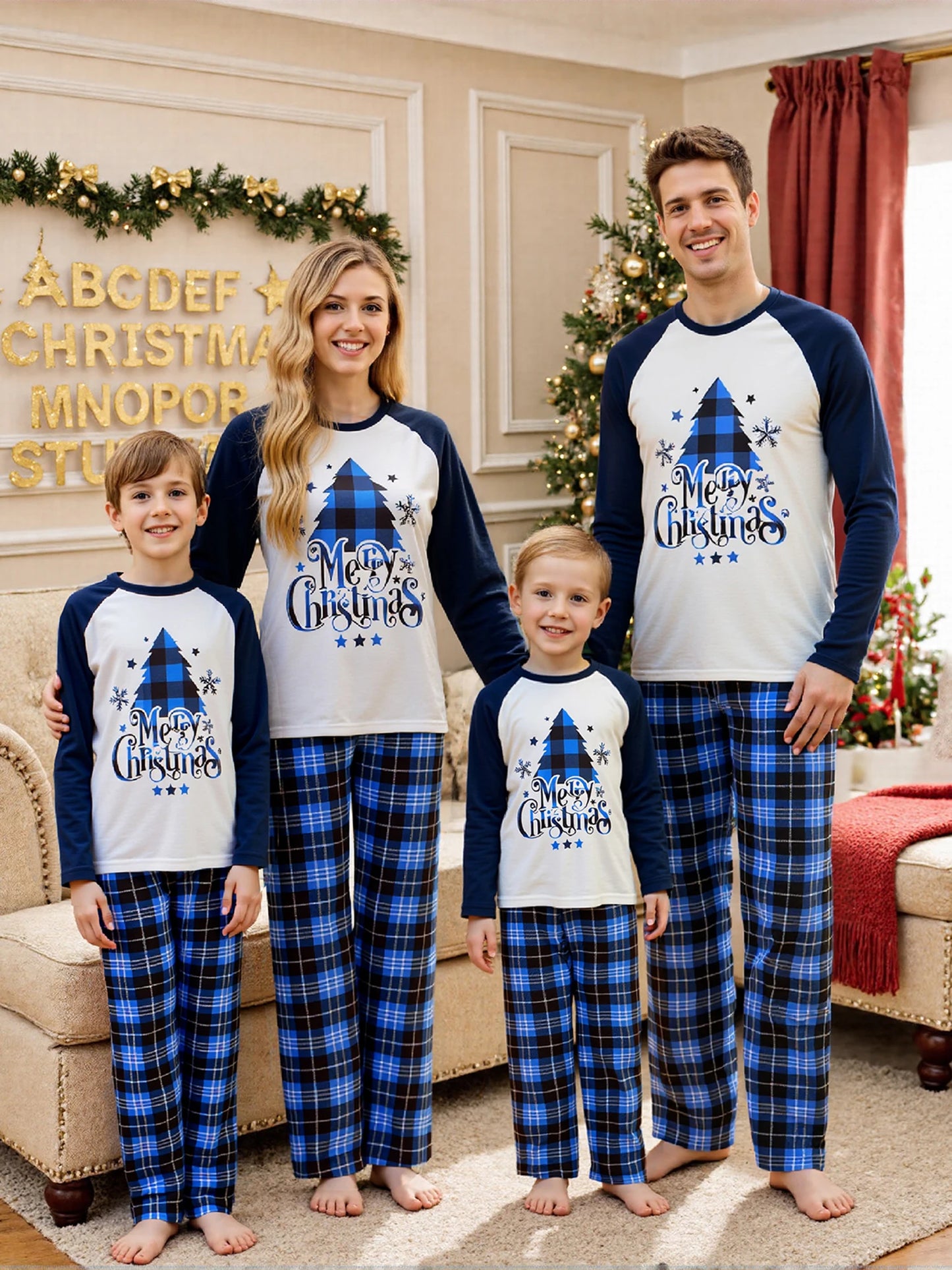 Family Christmas Pajama Set Reindeer Print Cozy Plaid