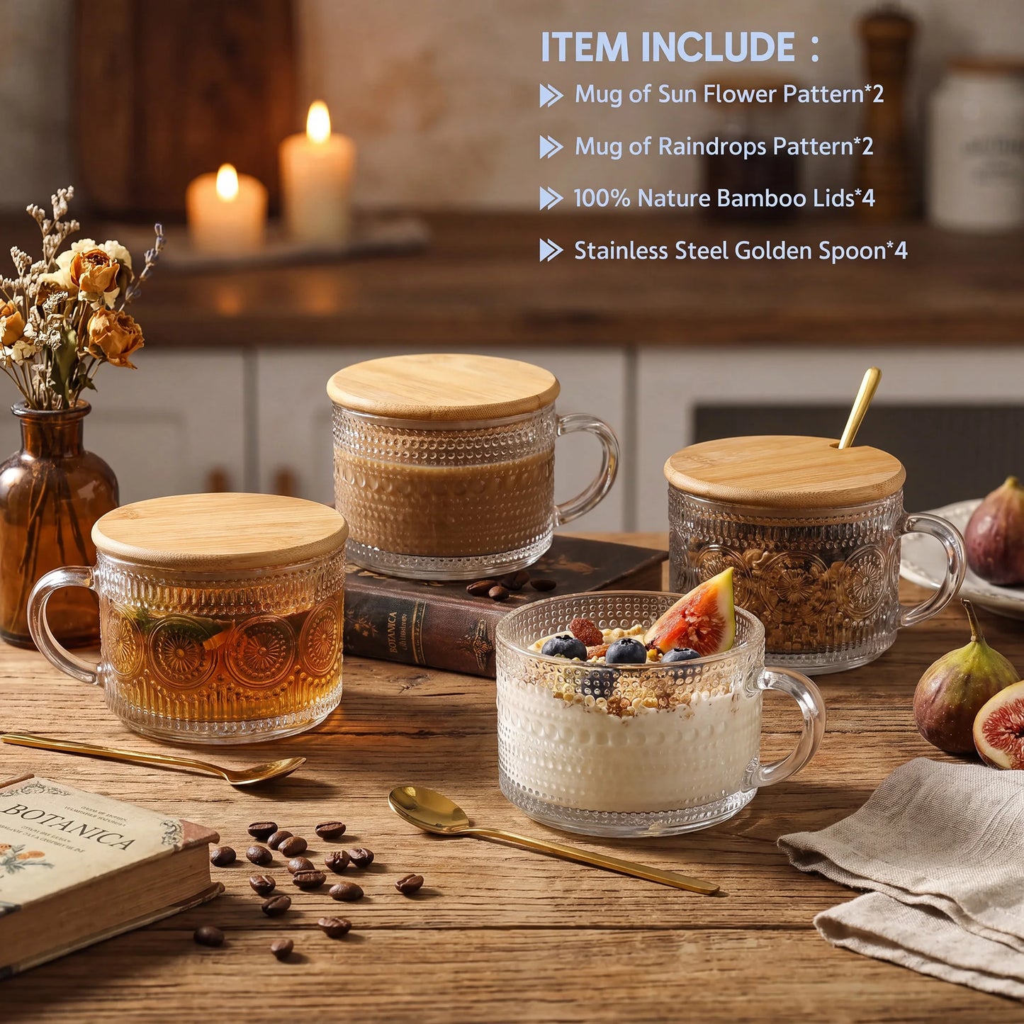 14 OZ Glass Coffee Mugs Set, 4-Piece Vintage Embossed Cups with Bamboo Lids and Spoons for Coffee Oatmeal Yogurt