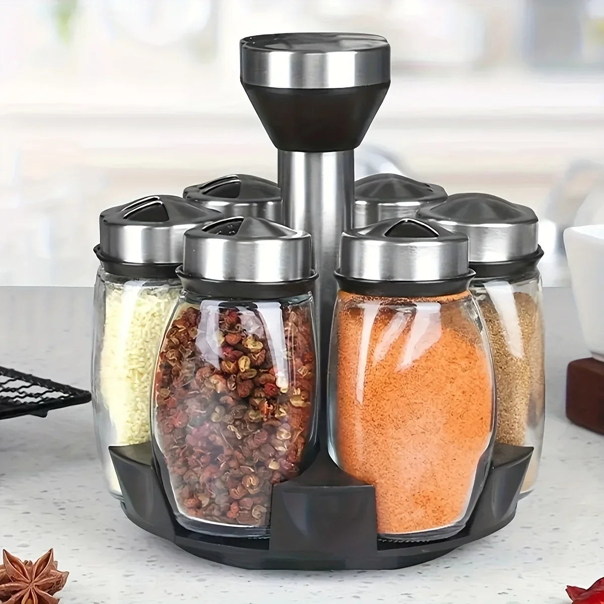 360 Degree Rotation Spice Rack With 6 Glass Spice Jars