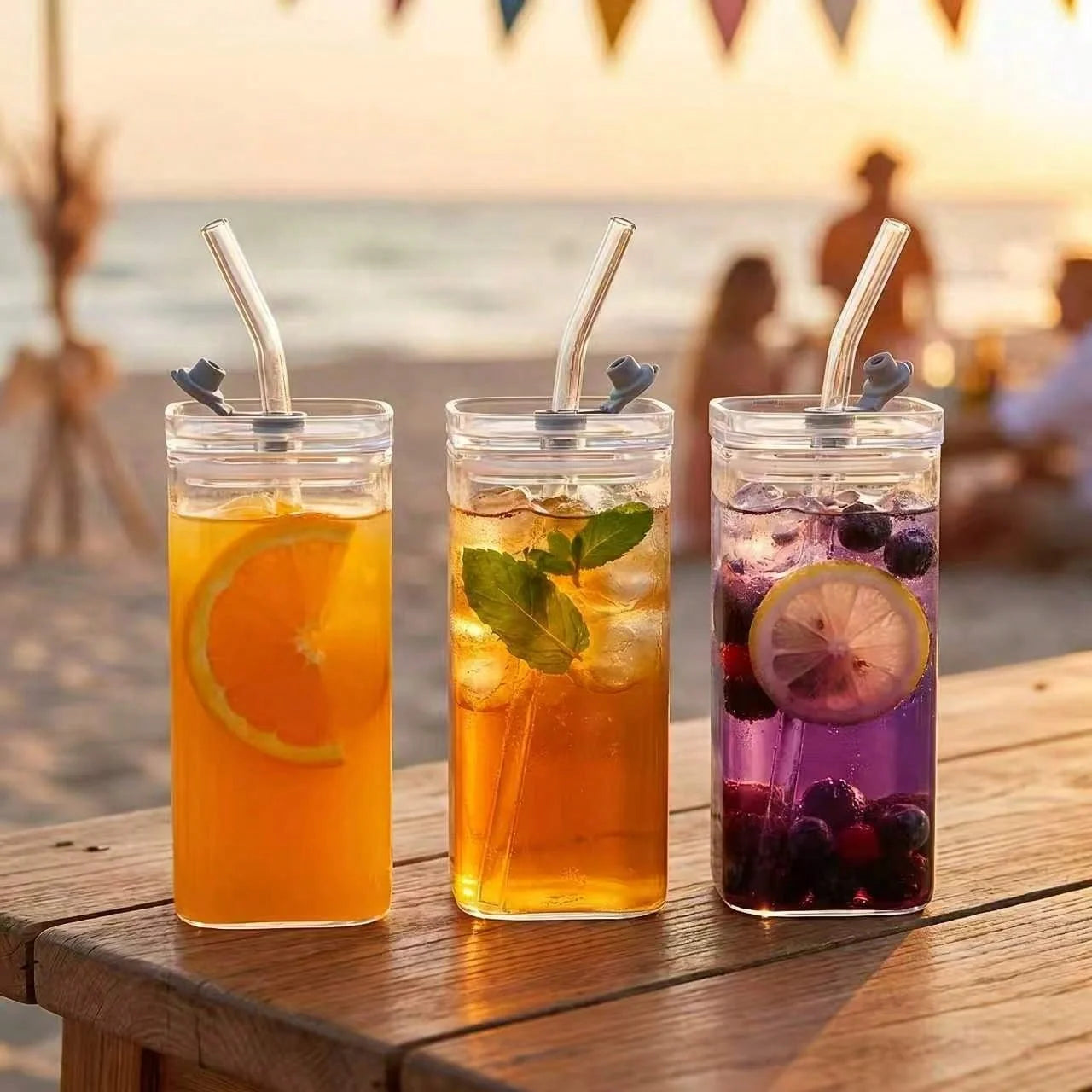 4Pcs Square Glass Cups Set 13oz Coffee Mugs With Lids Straws BPA Free With Cleaning Brush For Home Office School Outdoor Wedding Gift Drinkware