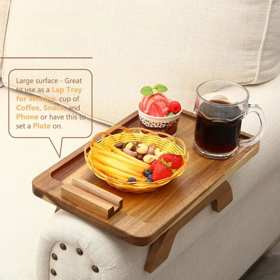 Couch Arm Table, Acacia Wood Sofa Arm Rest Tables Couch Armrest Table with 360 Phone Holder,Portable Sofa Armrest Tray for Drink