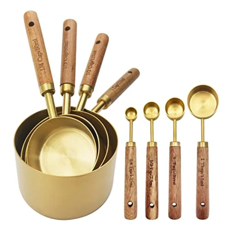Metal Measuring Cups And Spoons Set With Wooden Handles