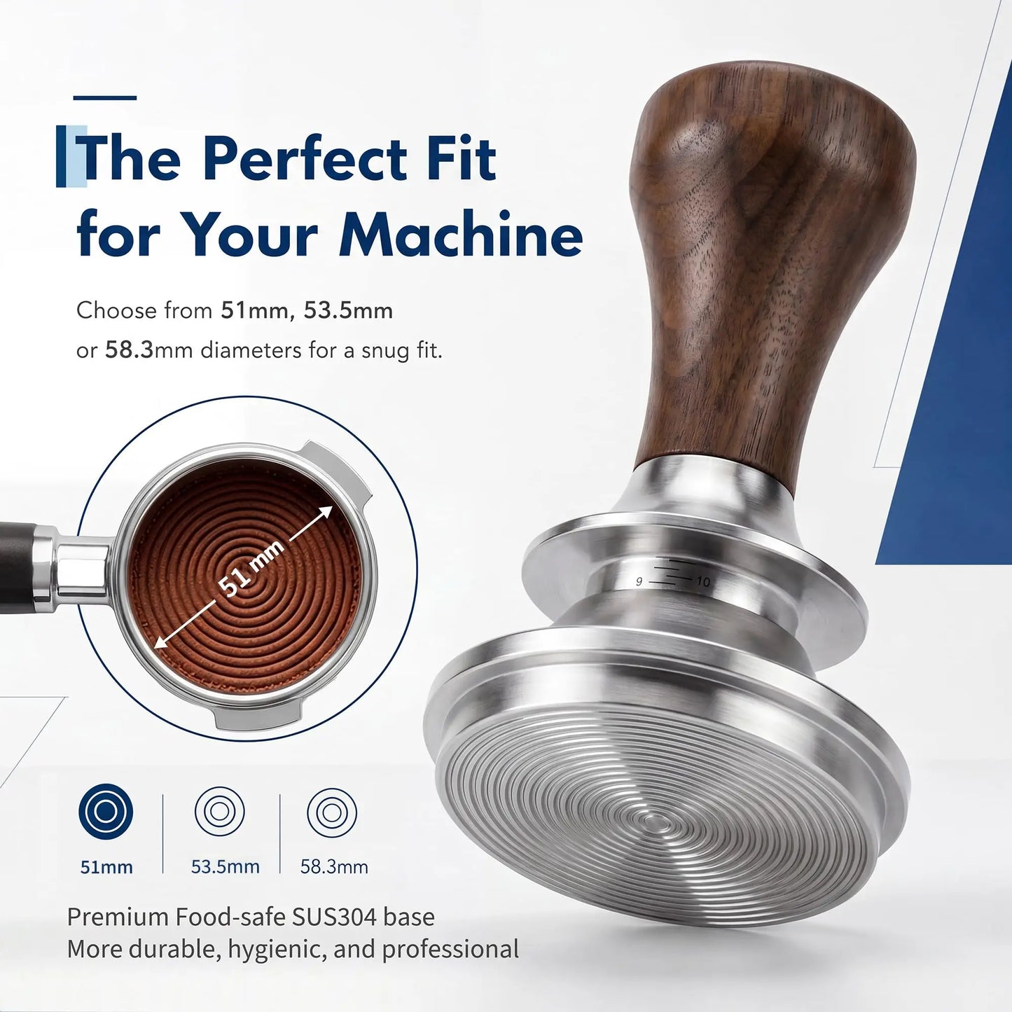 51mm 58mm Espresso Tamper with Wood handle & Ripple Base | Wood Handle, Ripple Base