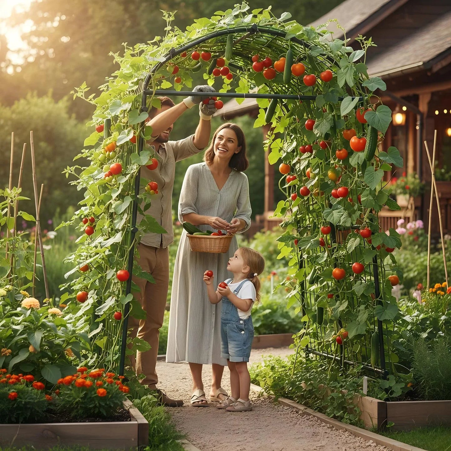 7FT Raised Bed Garden Arch Trellis, Heavy Duty Steel Cucumber Arbor With Bolt Assembly & Deep Stakes For Outdoor Vines & Plants
