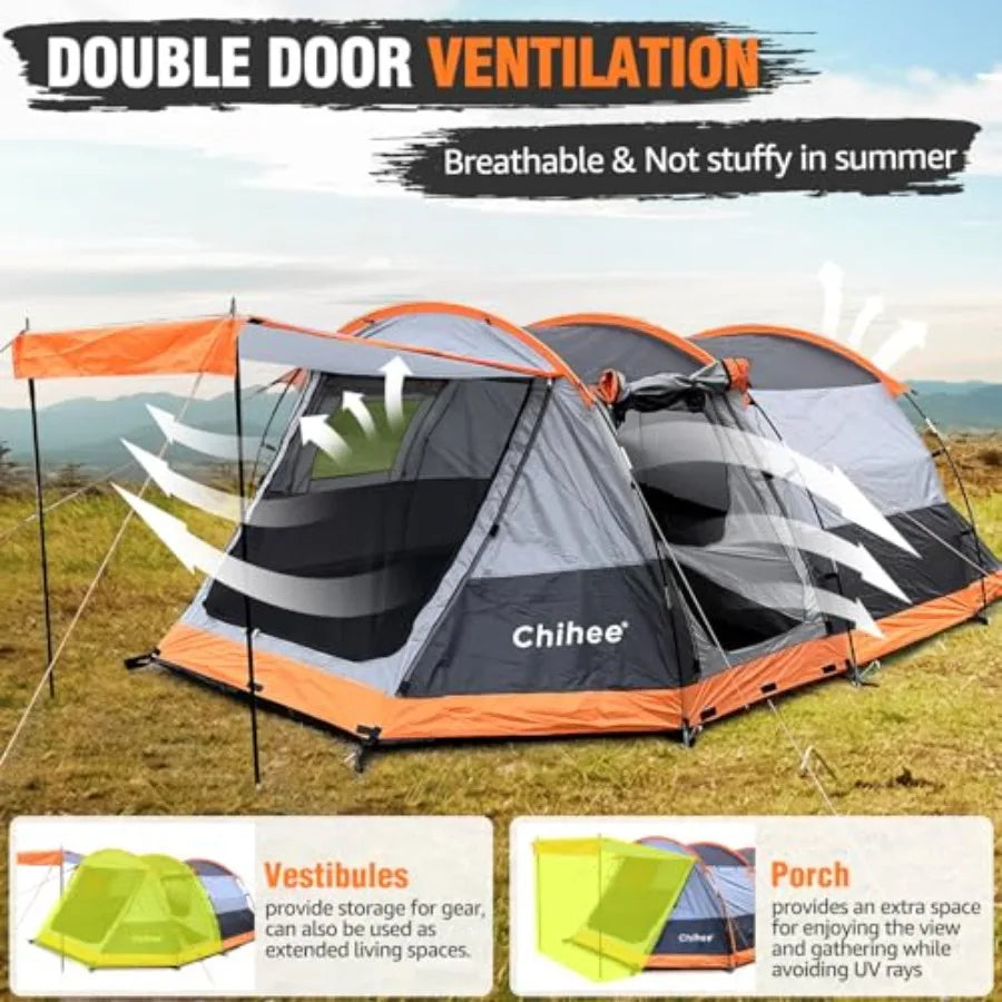Tunnel Camping Tent For Four With Two Doors Weatherproof Shelter