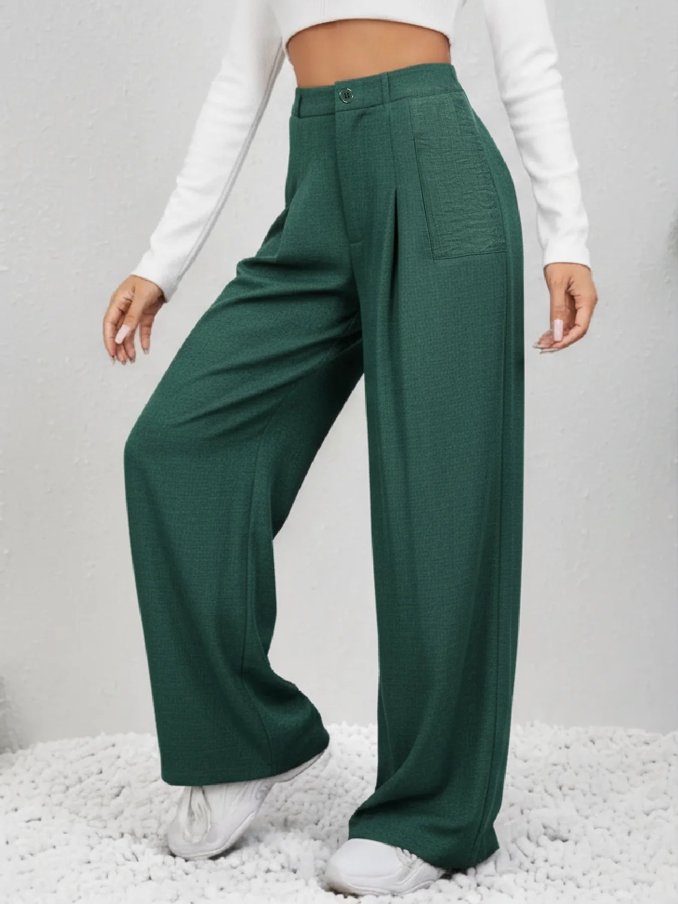 Women High Waist Pleated Wide Leg Polyester Trousers With Pockets