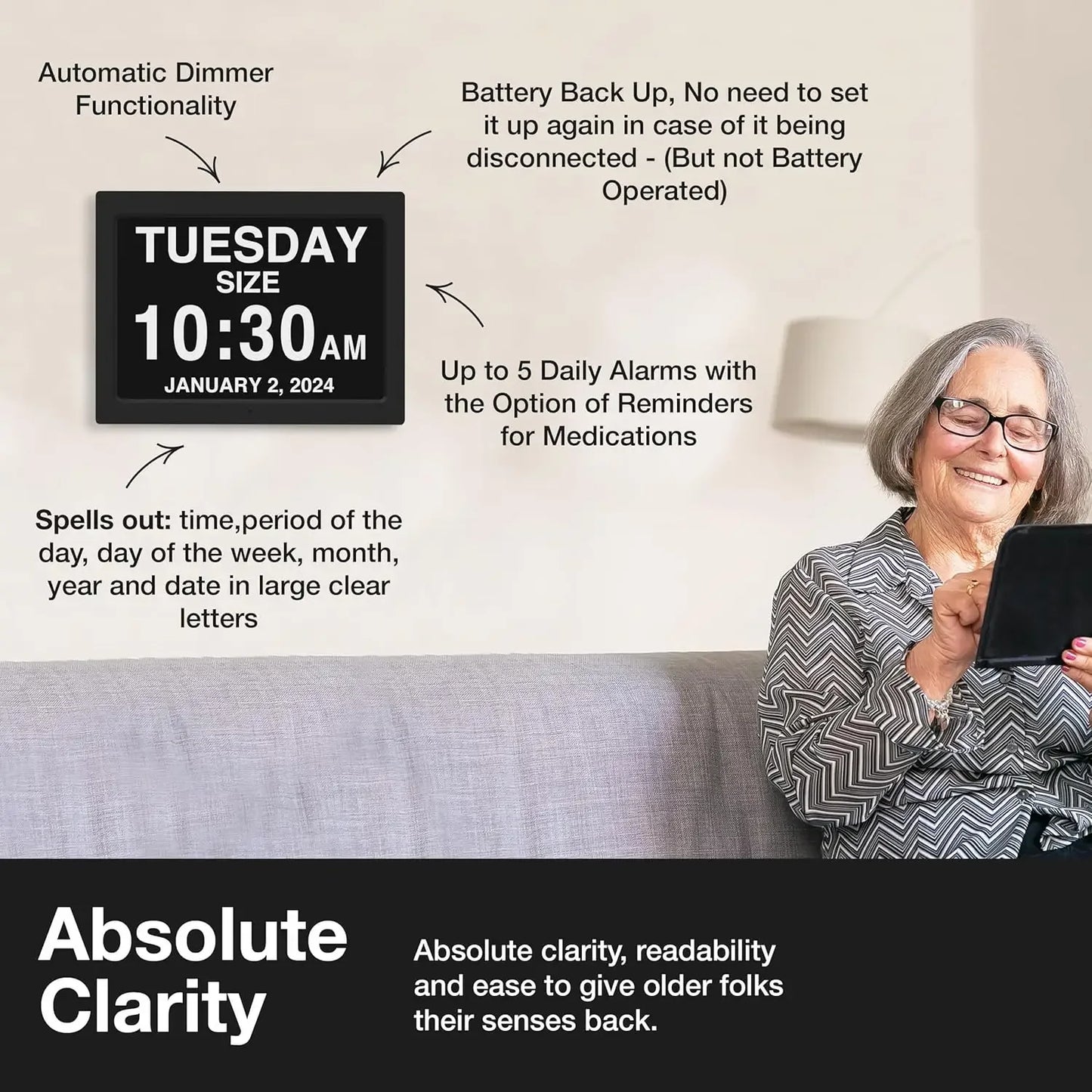 Dementia Clock Large Display For Seniors With Custom Alarms Day And Date