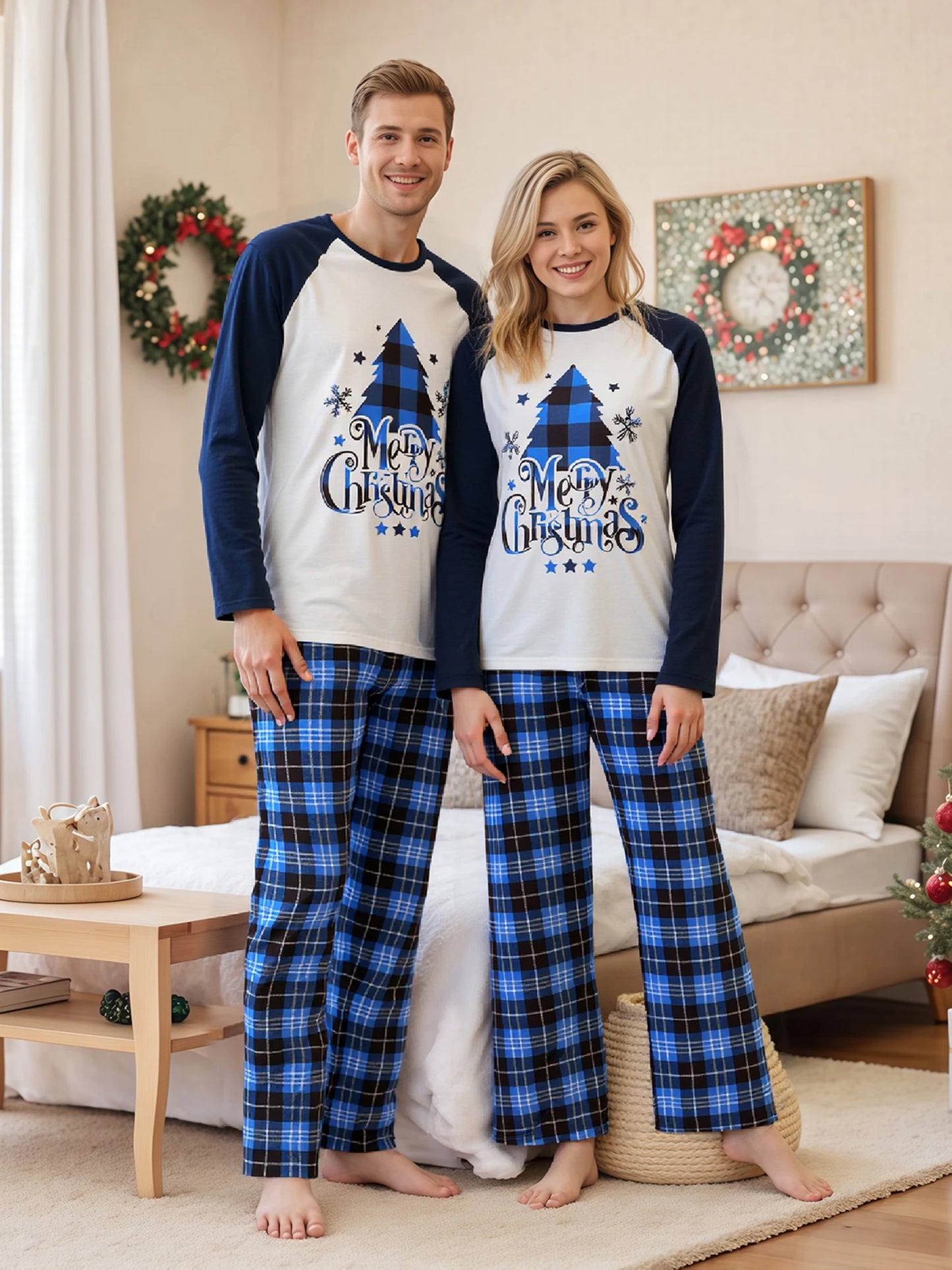Family Christmas Pajama Set Reindeer Print Cozy Plaid