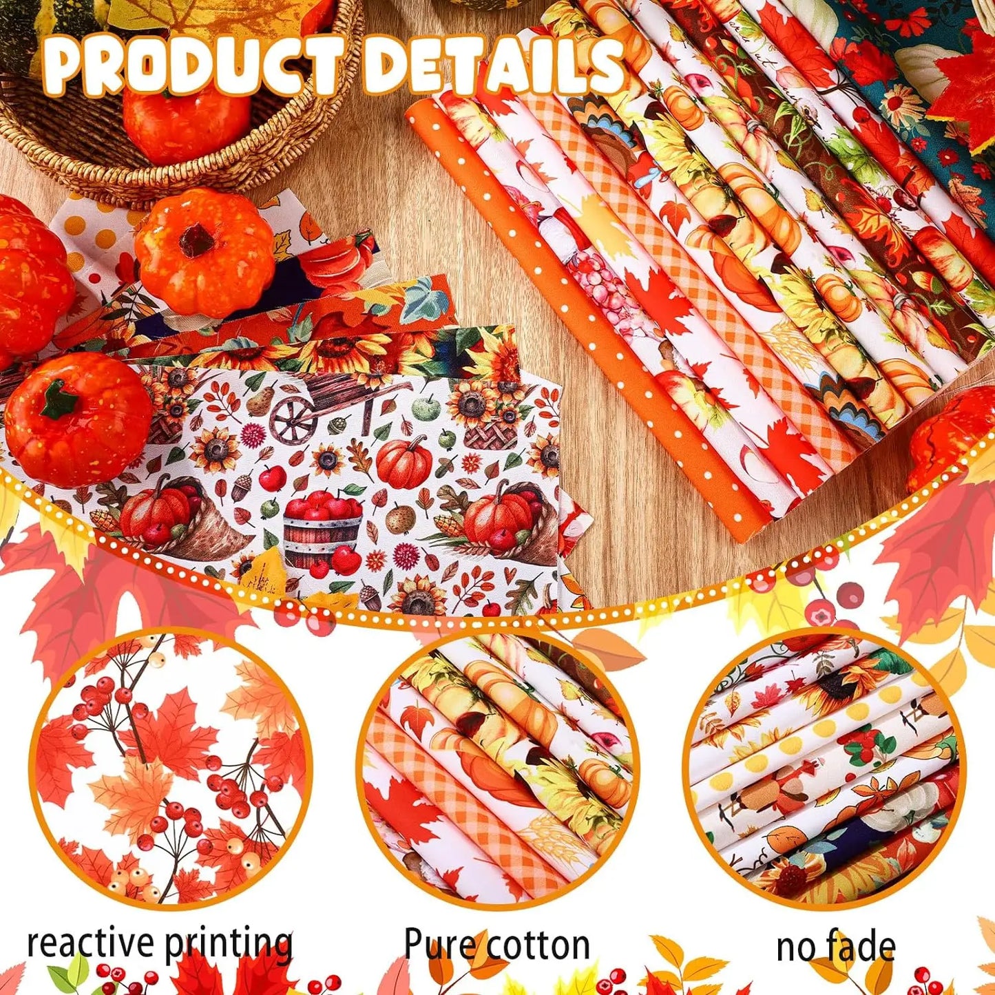 25x25cm Cotton Quilting Fabric Bundles, 70pcs Autumn Fall Pumpkin Sunflower Square Patchwork High-quality materials  Wide Application