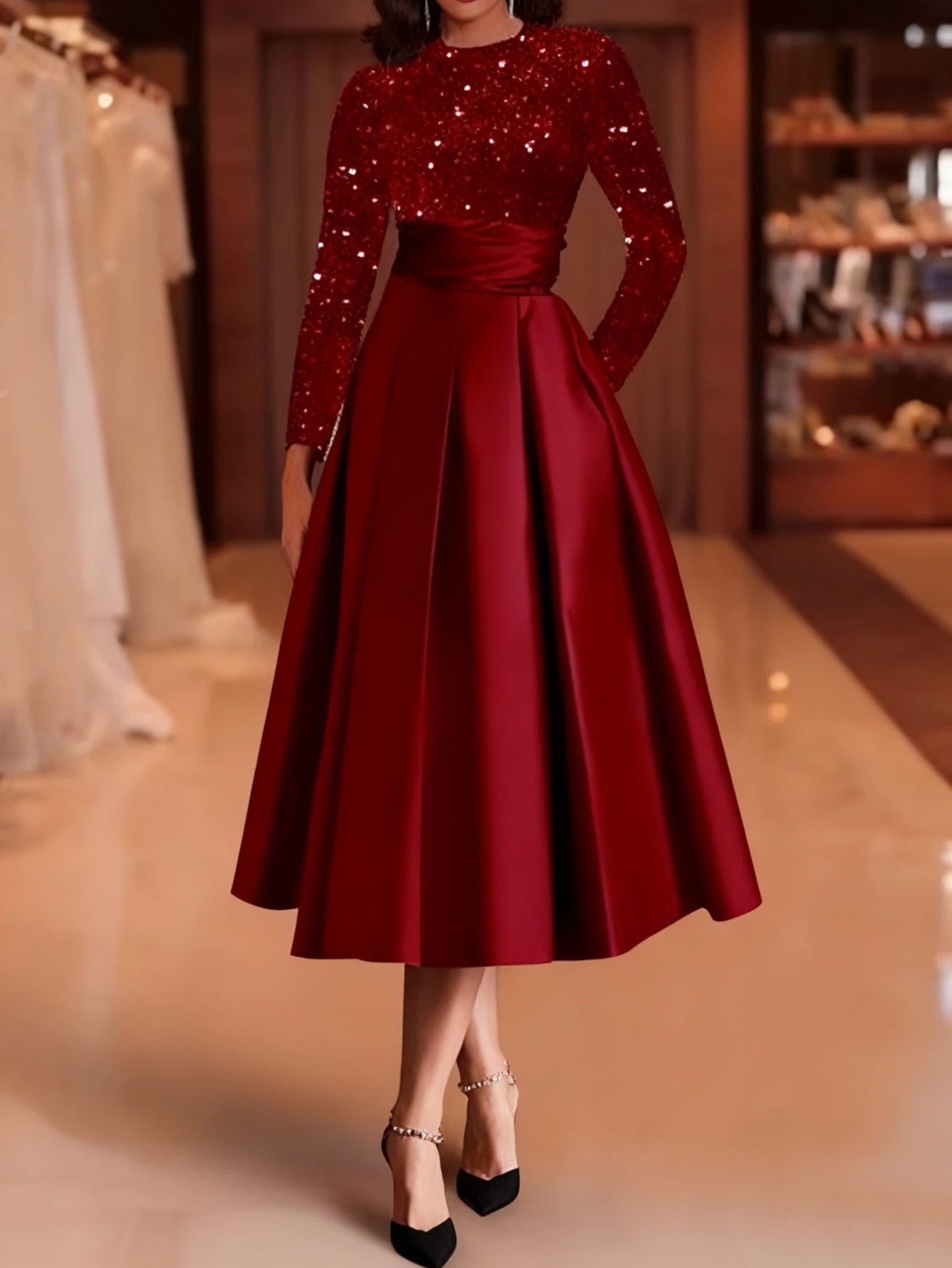 Women Sequin Patch Midi Dress With Long Sleeve Tie Waist