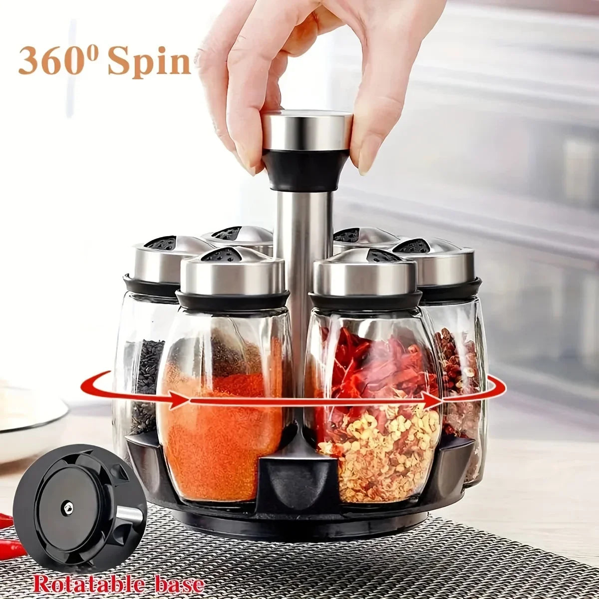 360 Degree Rotation Spice Rack With 6 Glass Spice Jars