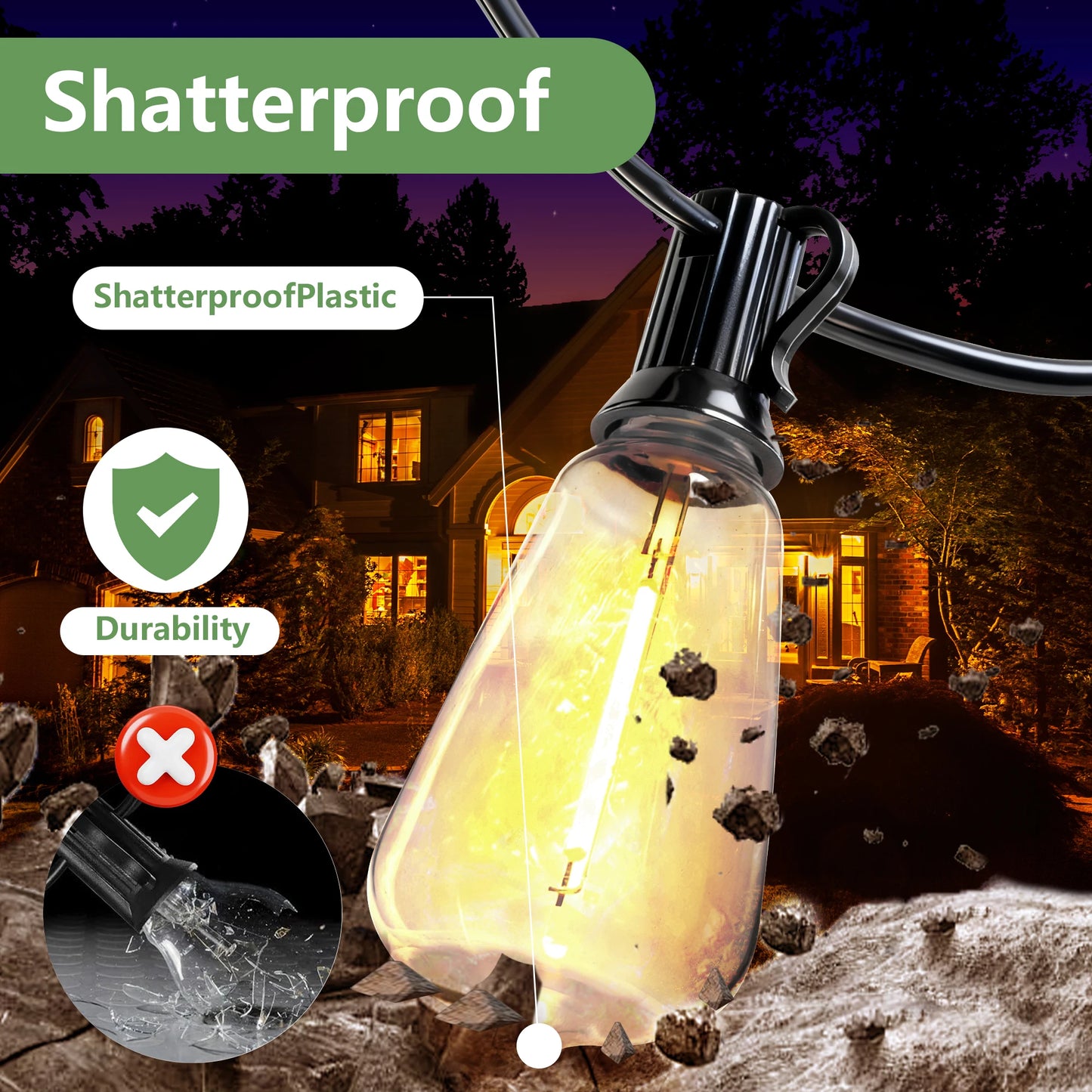 ARLGSITE Solar Outdoor String Lights IP65 Waterproof Shatterproof Bulbs