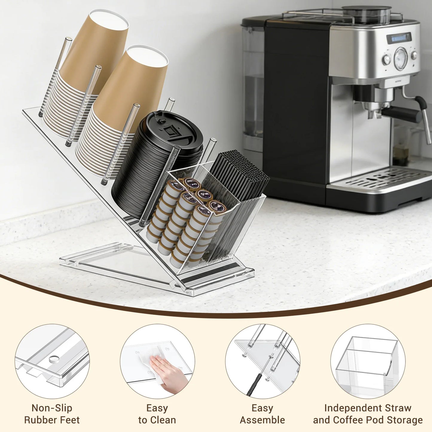 Acrylic Coffee Cup Holder Adjustable Disposable Cup Organizer for Coffee Bar Office Counter with Straw Pod Storage coffee pod and straw storage organizer